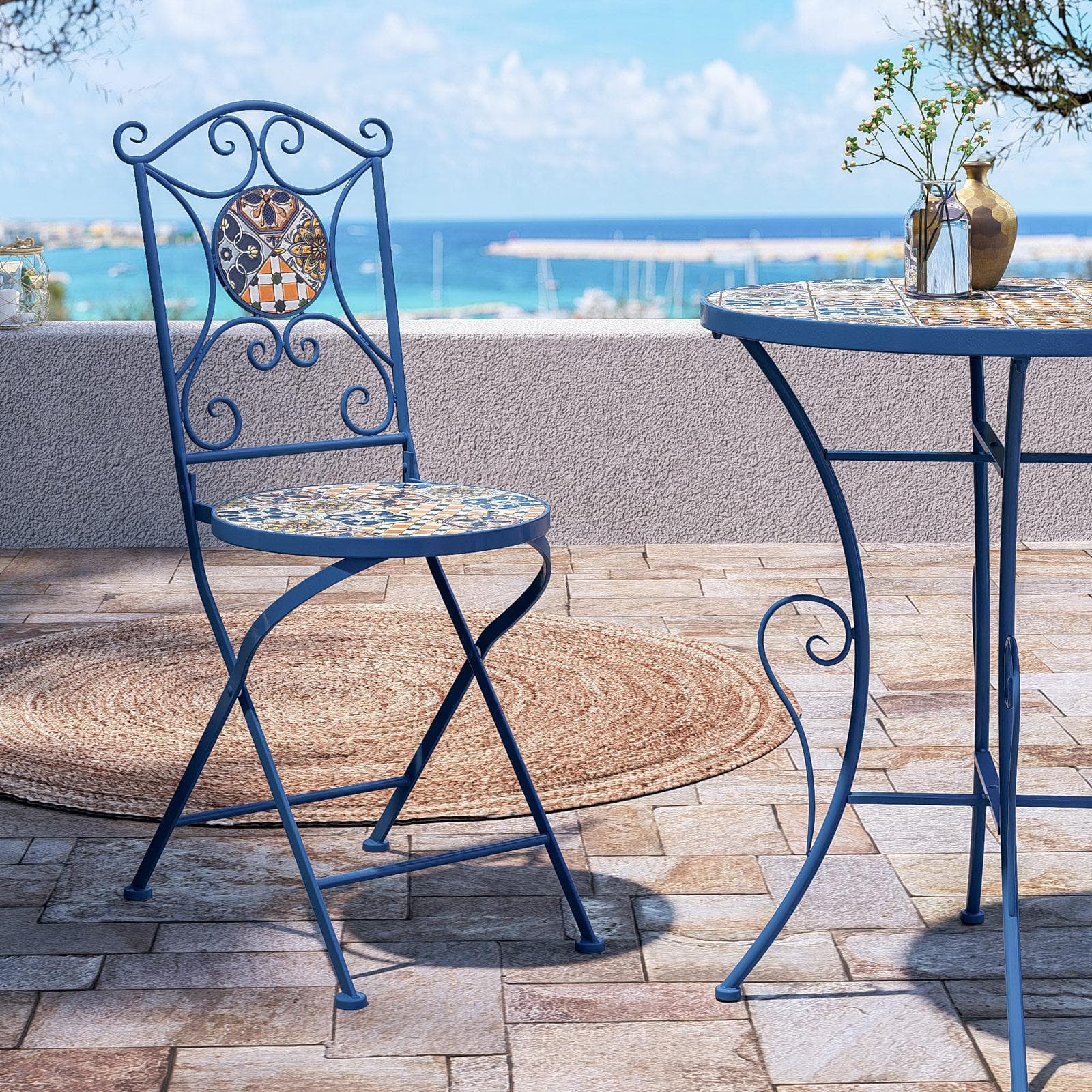 Sedia pieghevole in metallo blu notte con maioliche - Otranto Color