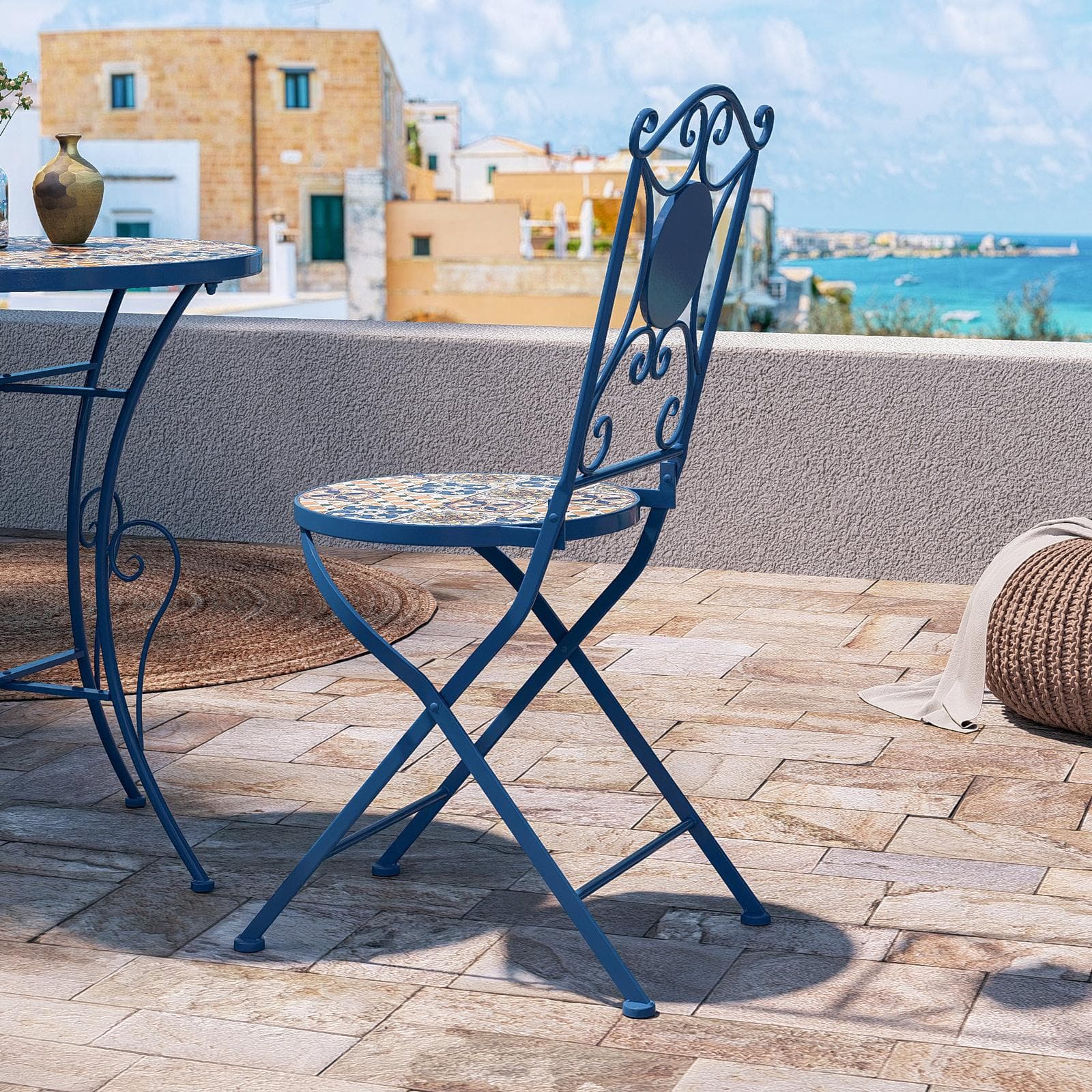 Sedia pieghevole in metallo blu notte con maioliche - Otranto Color