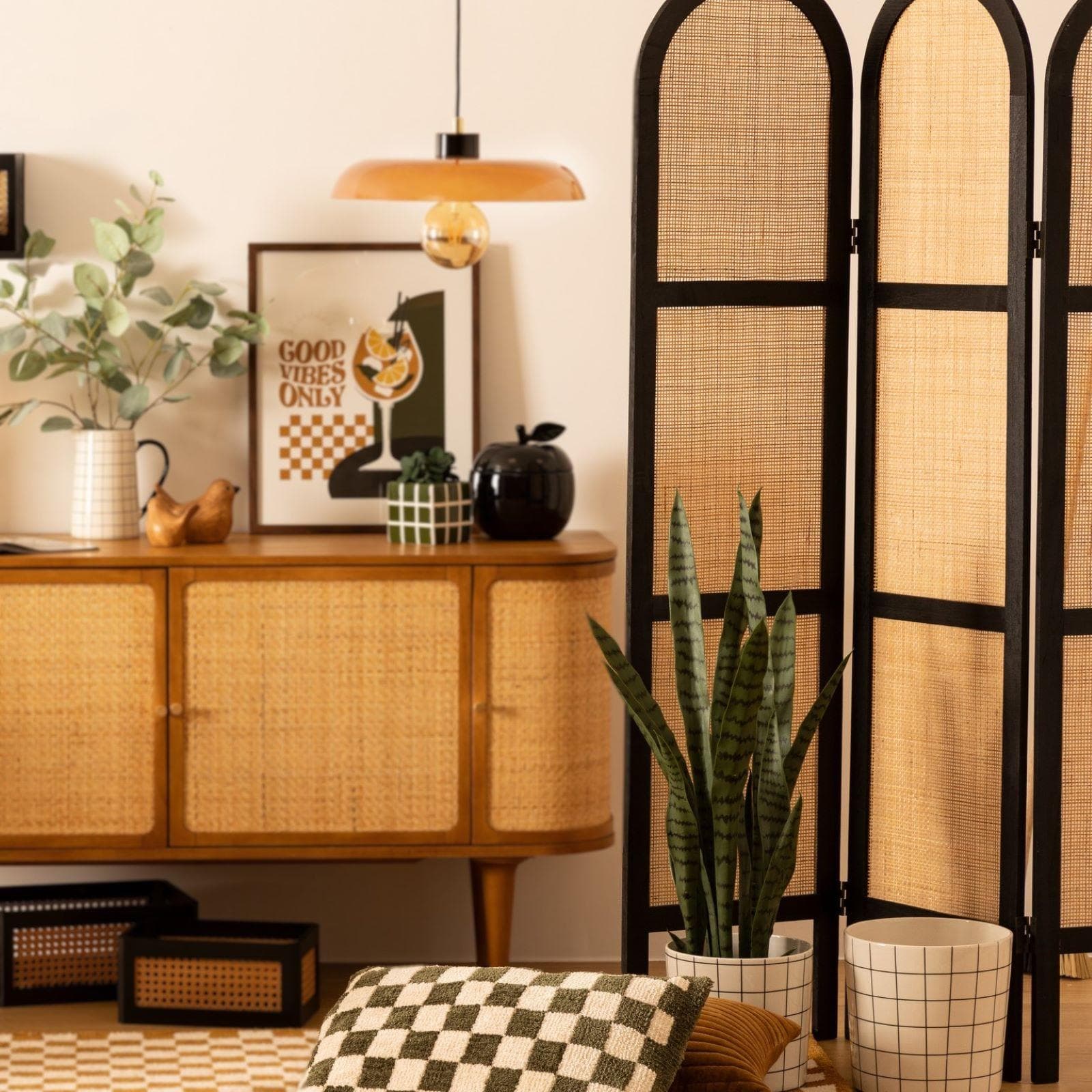 Paravento pieghevole 120x170 h cm in rattan e legno nero - Potik