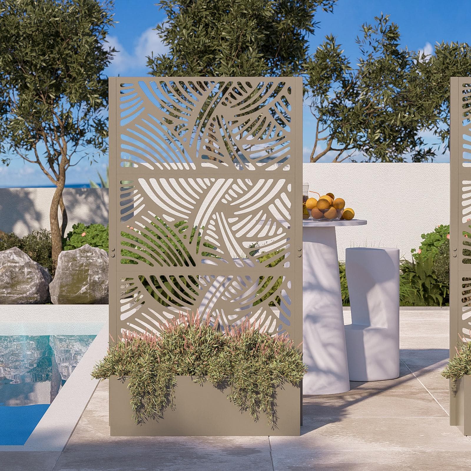 Separé da giardino con fioriera in acciaio champagne 100x34x180h cm e disegno astratto - Kaira