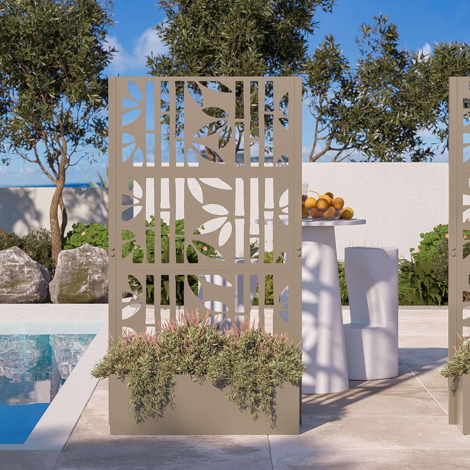 Separé da giardino con fioriera in acciaio champagne 100x34x180h cm e disegno fiori di bambù - Kaira