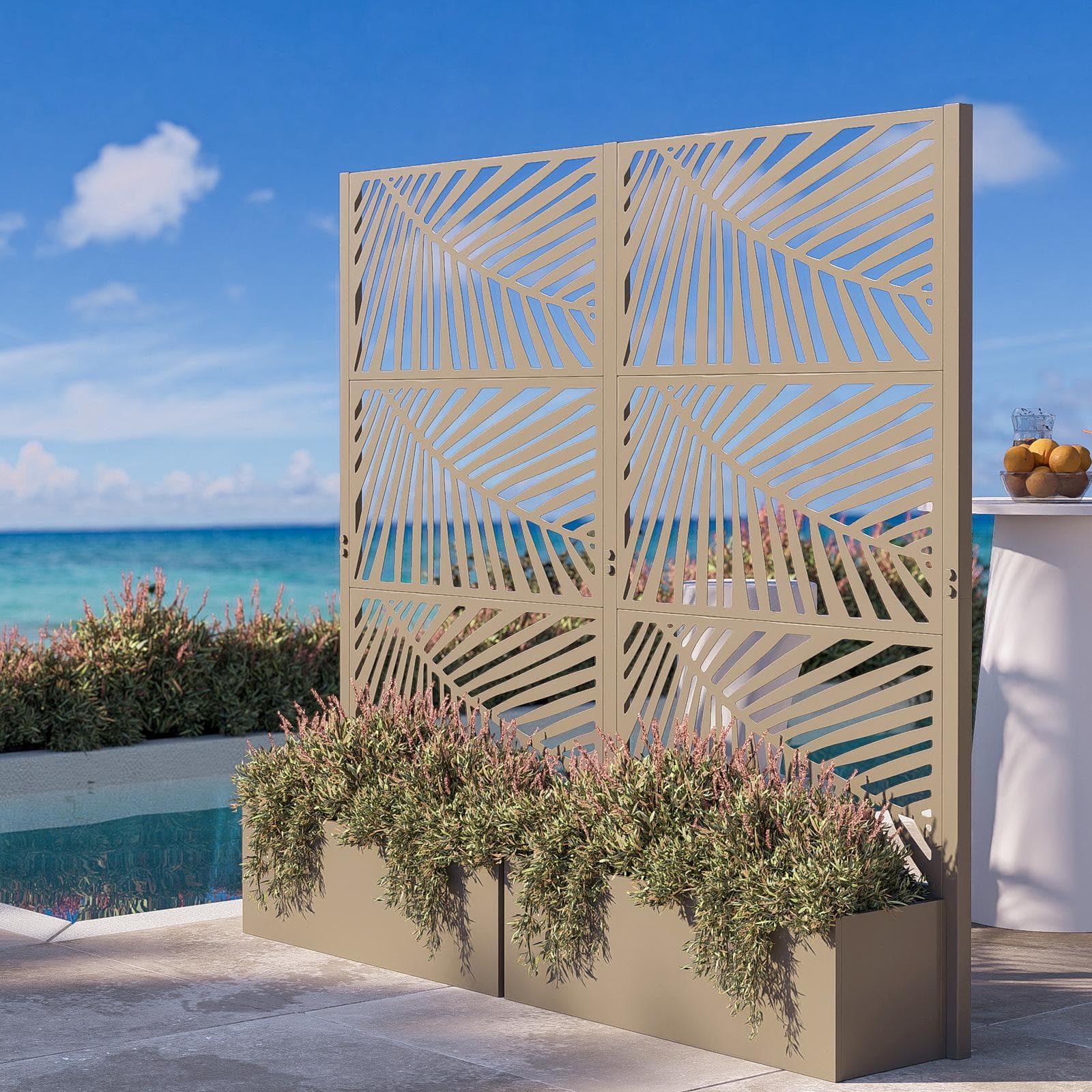 Separé doppio da giardino con fioriera in acciaio champagne 196x34x180 h cm e disegno tropicale - Kaira