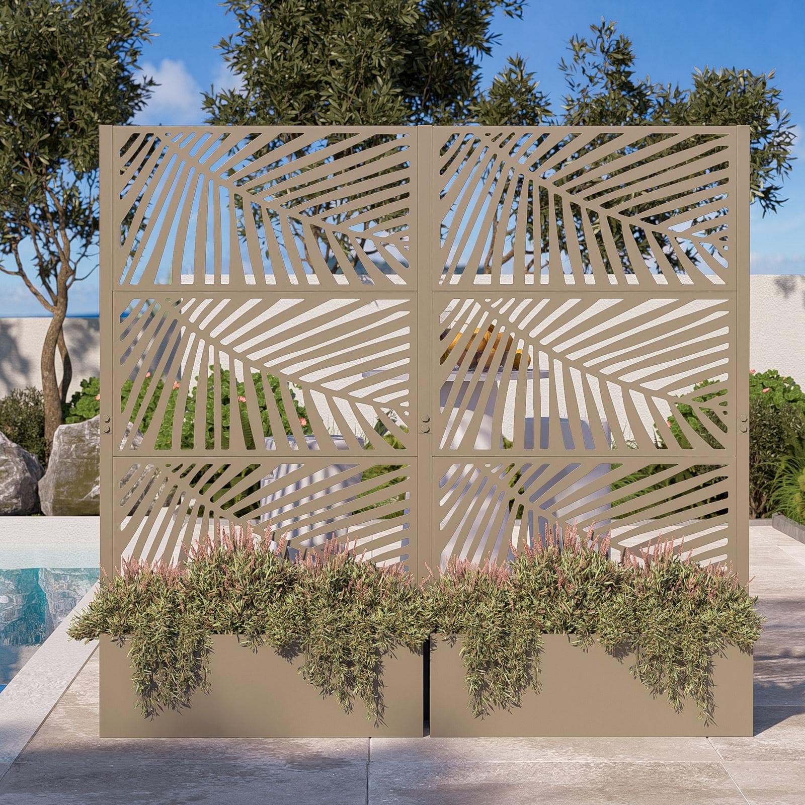Separé doppio da giardino con fioriera in acciaio champagne 196x34x180 h cm e disegno tropicale - Kaira