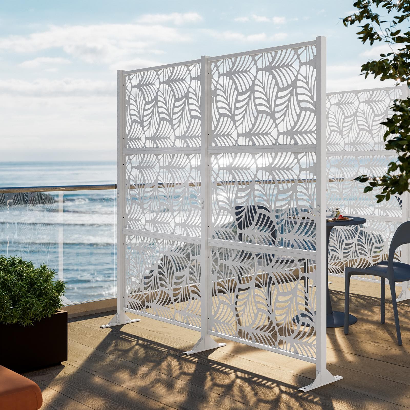 Separé doppio da giardino in acciaio bianco 200x30x180h cm con disegno foglia di palma - Callen
