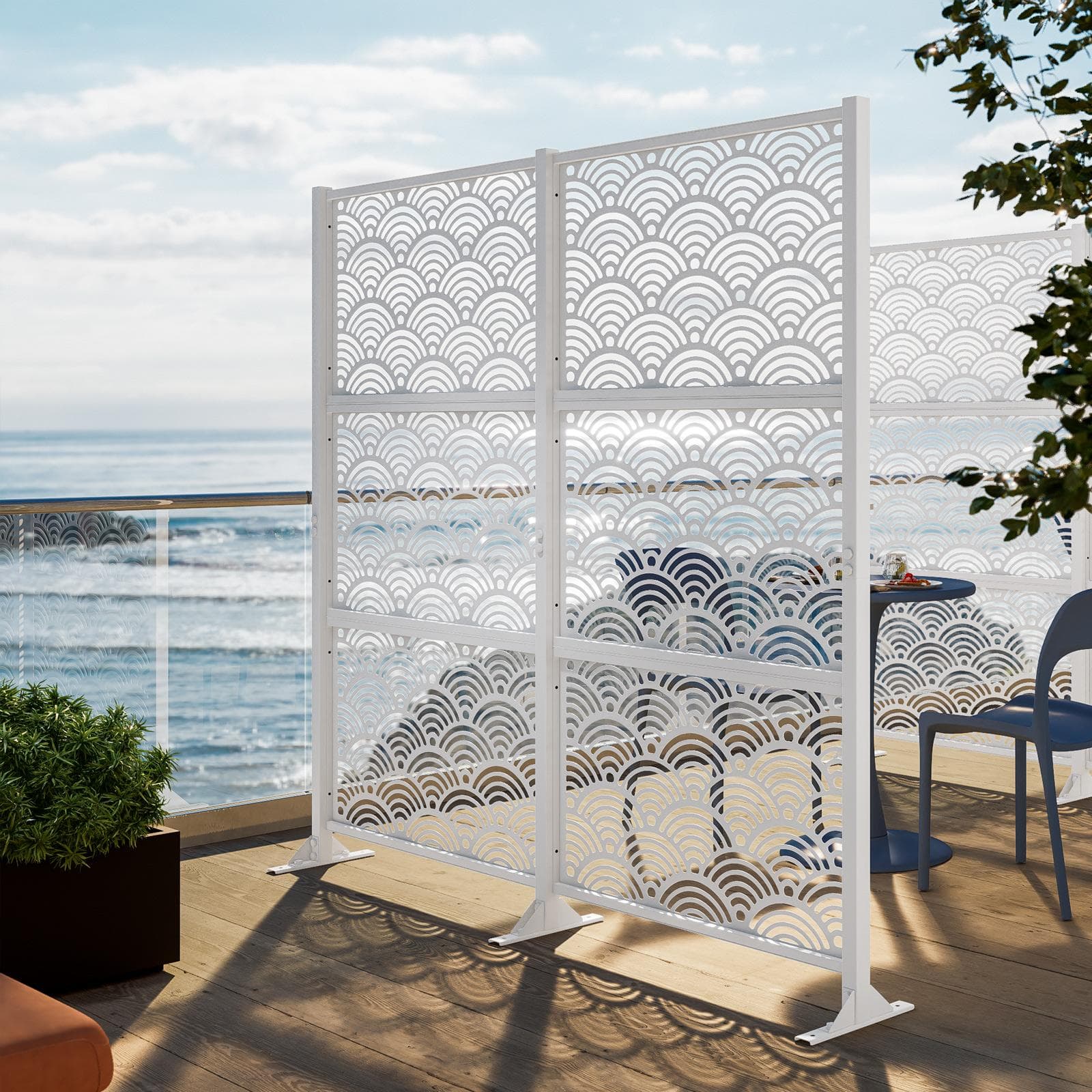 Separé doppio da giardino in acciaio bianco 200x30x180h cm con disegno onda giapponese - Callen