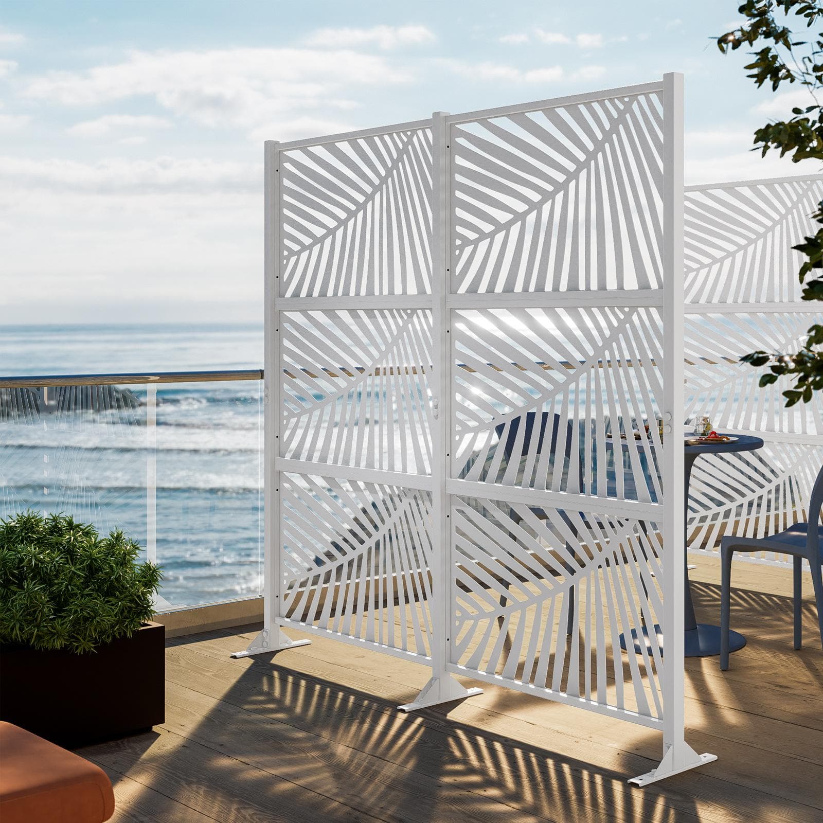 Separé doppio da giardino in acciaio bianco 200x30x180h cm con disegno tropicale - Callen
