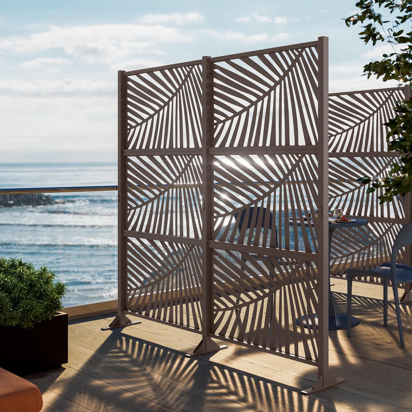 Separé doppio da giardino in acciaio bronzo 200x30x180h cm con disegno tropicale - Callen