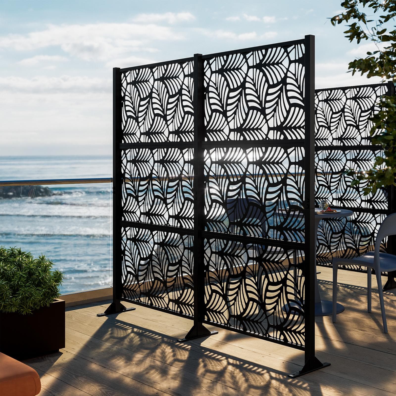 Separé doppio da giardino in acciaio nero 200x30x180h cm con disegno foglia di palma - Callen