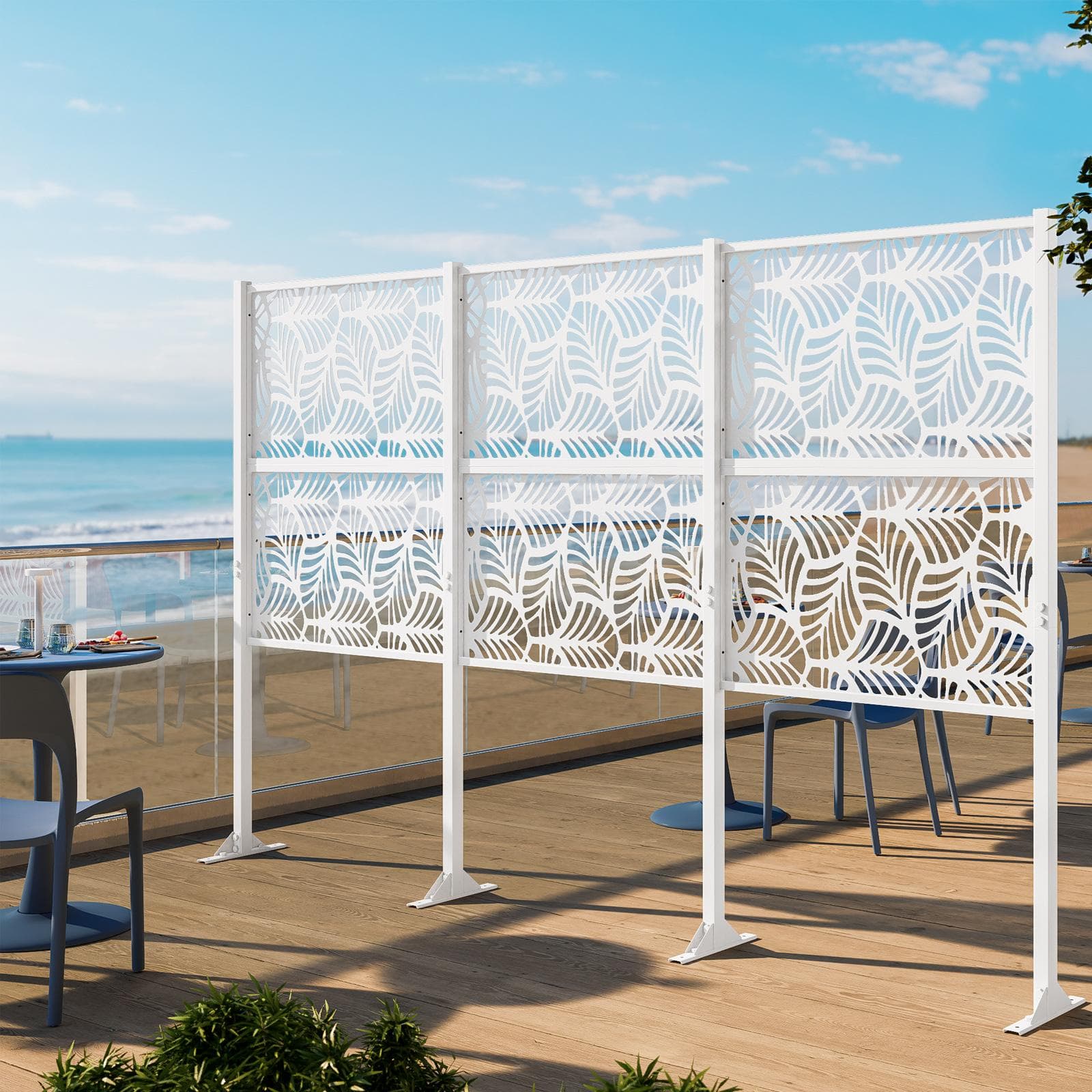 Separé triplo da giardino 300x30x180h cm con disegno foglia di palma in acciaio bianco - Callen