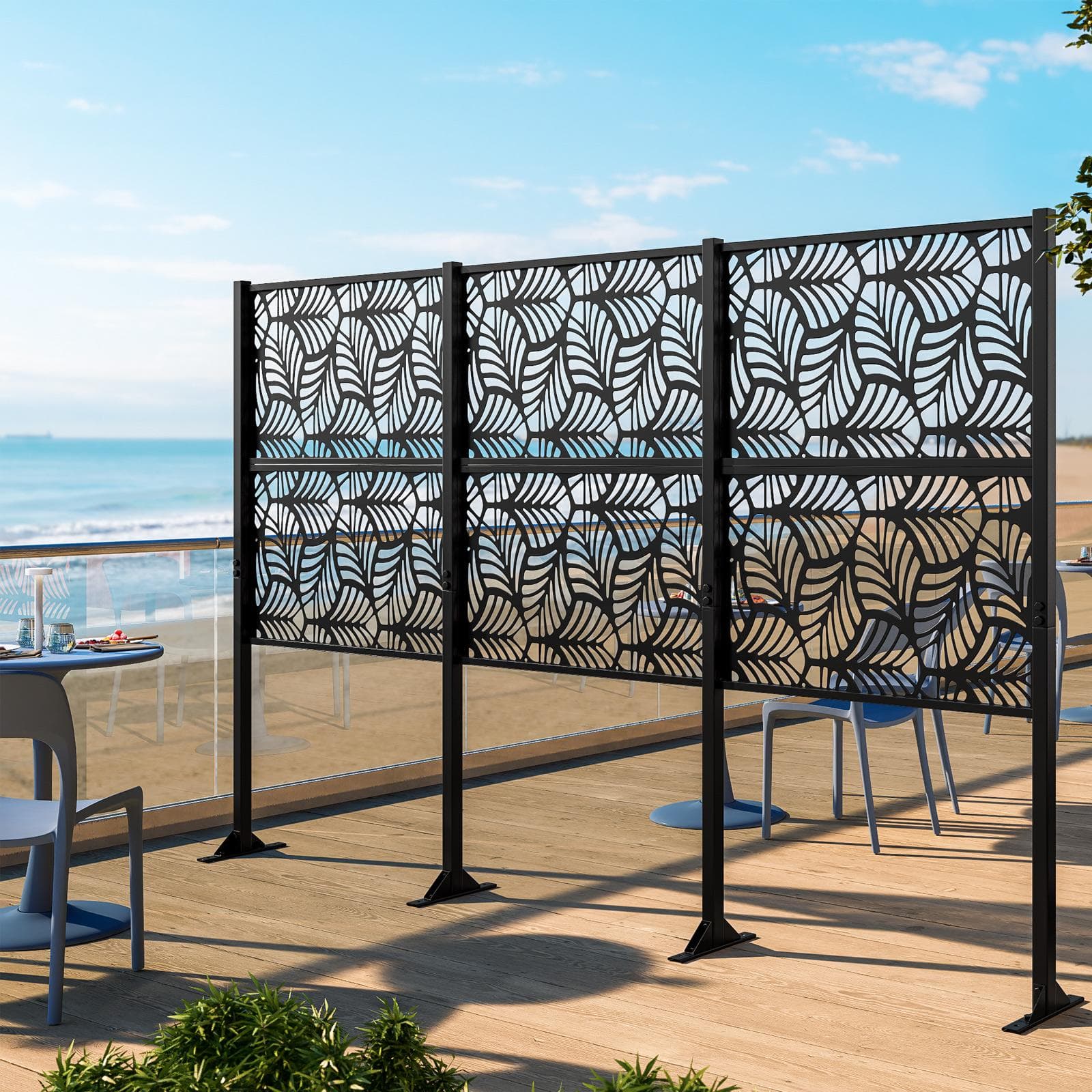 Separé triplo da giardino 300x30x180h cm con disegno foglia di palma in acciaio nero - Callen
