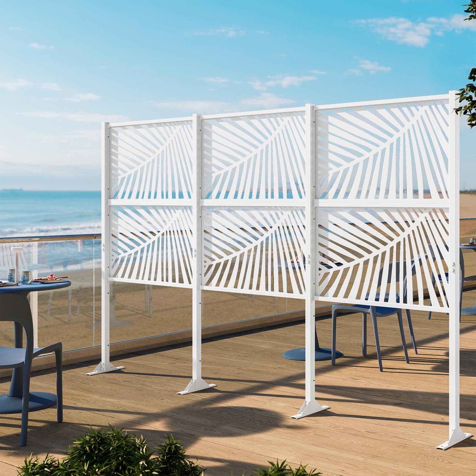 Separé triplo da giardino 300x30x180h cm con disegno tropicale in acciaio bianco - Callen