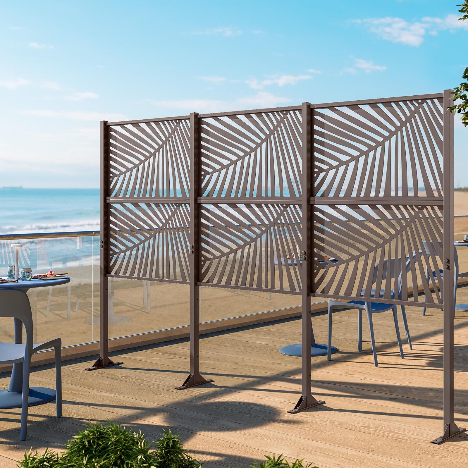 Separé triplo da giardino 300x30x180h cm con disegno tropicale in acciaio bronzo - Callen
