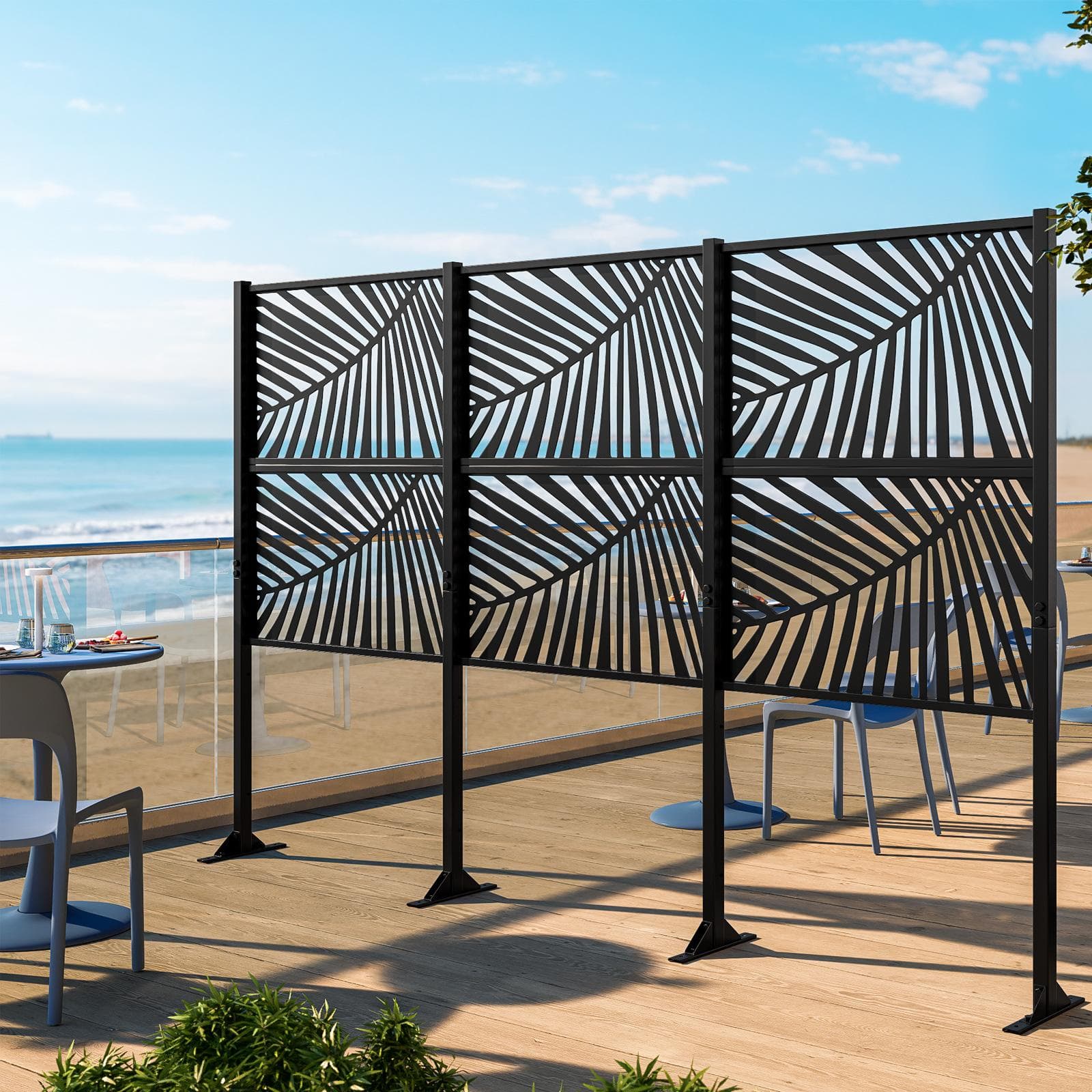 Separé triplo da giardino 300x30x180h cm con disegno tropicale in acciaio nero - Callen