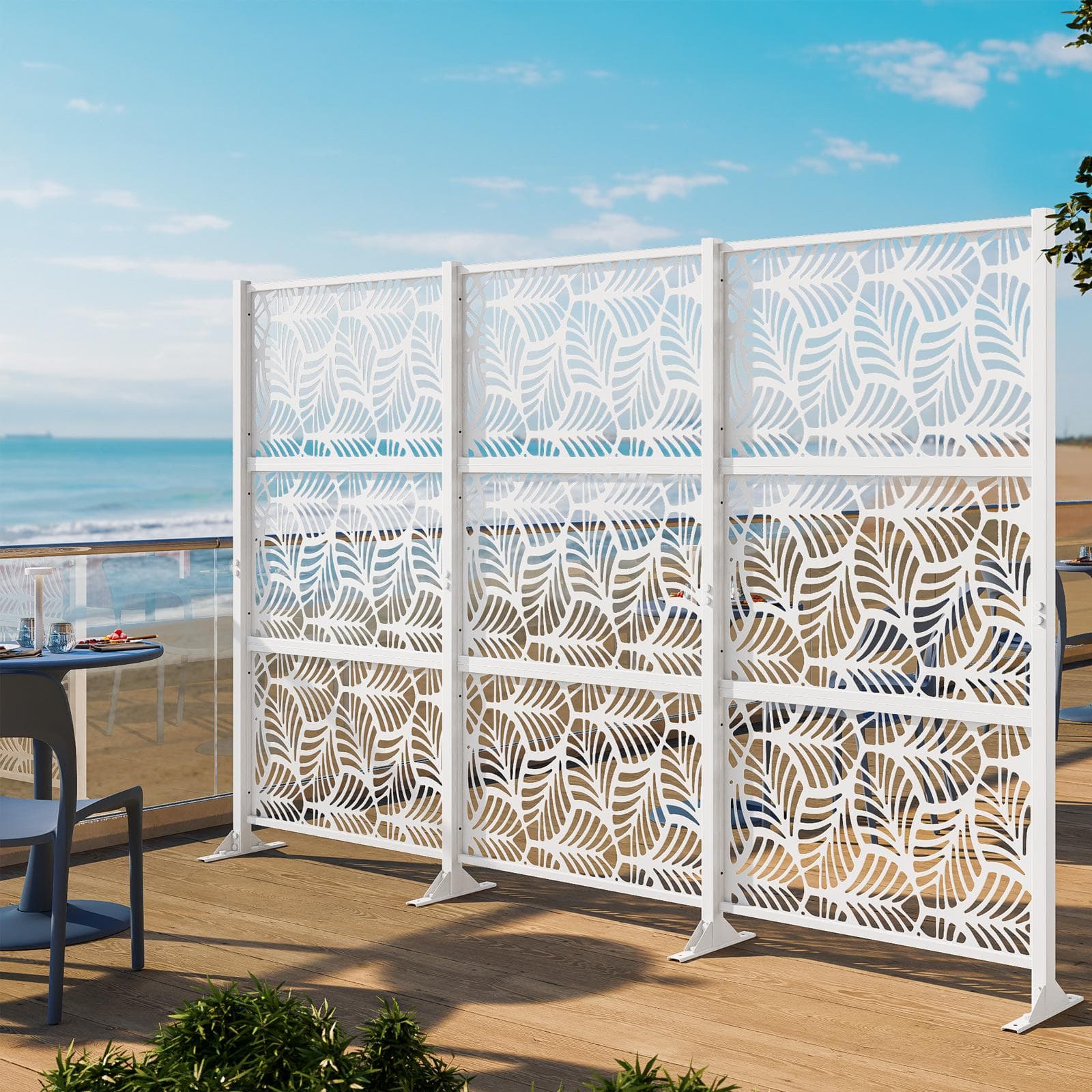 Separé triplo da giardino in acciaio bianco 300x30x180h cm con disegno foglia di palma - Callen