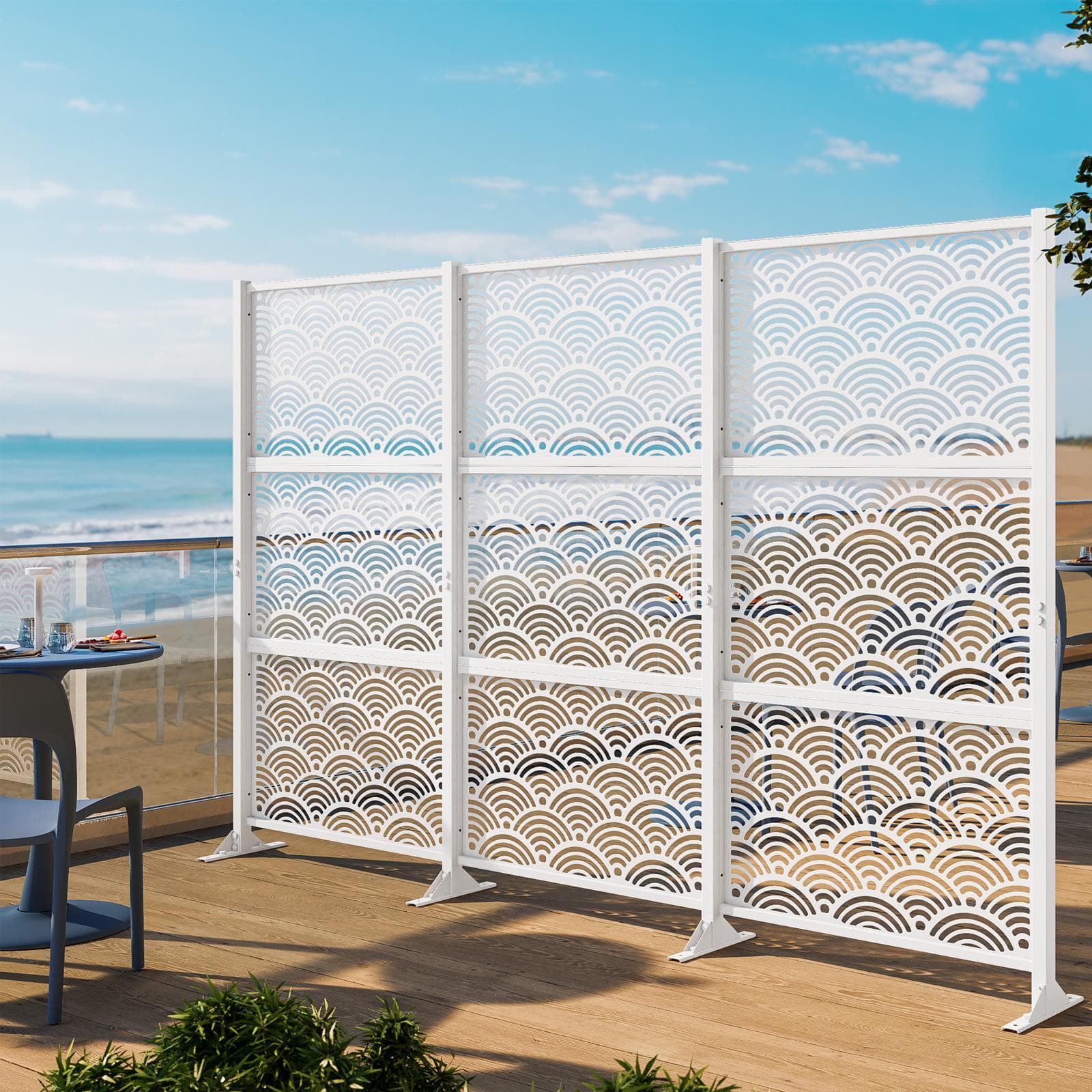 Separé triplo da giardino in acciaio bianco 300x30x180h cm con disegno onda giapponese - Callen
