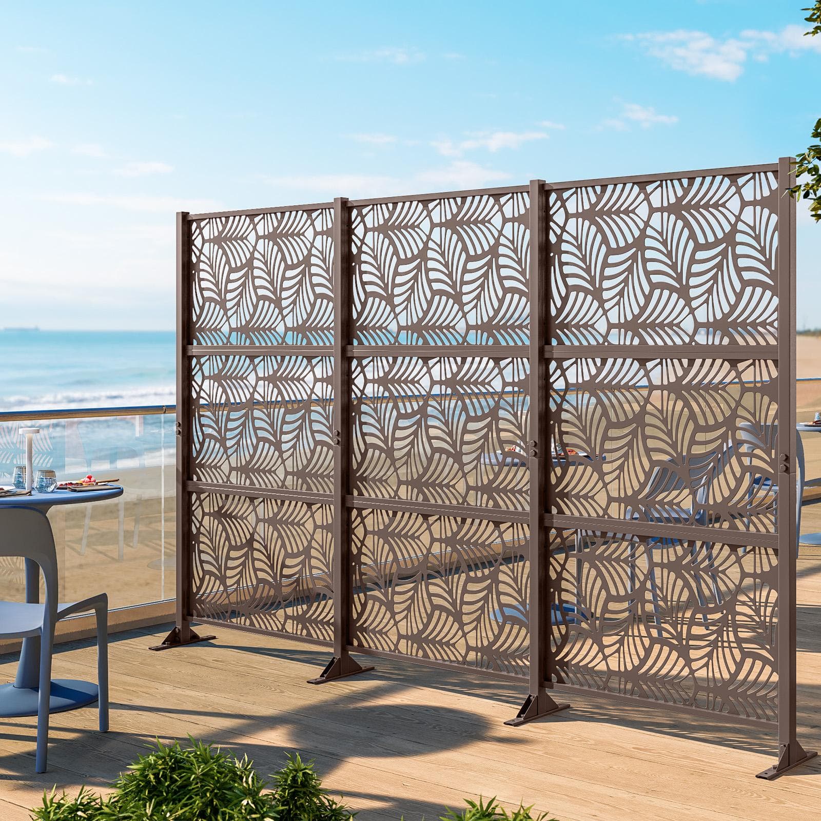 Separé triplo da giardino in acciaio bronzo 300x30x180h cm con disegno foglia di palma - Callen