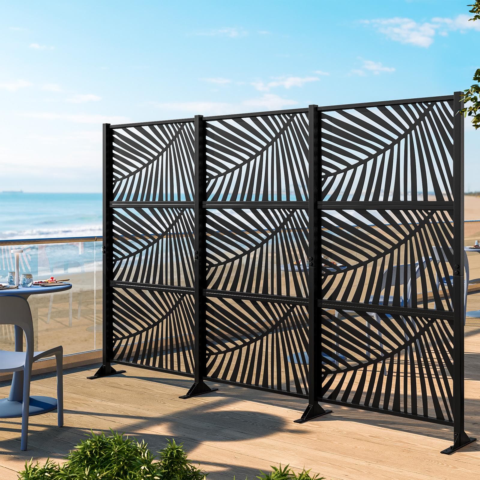 Separé triplo da giardino in acciaio nero 300x30x180h cm con disegno tropicale - Callen