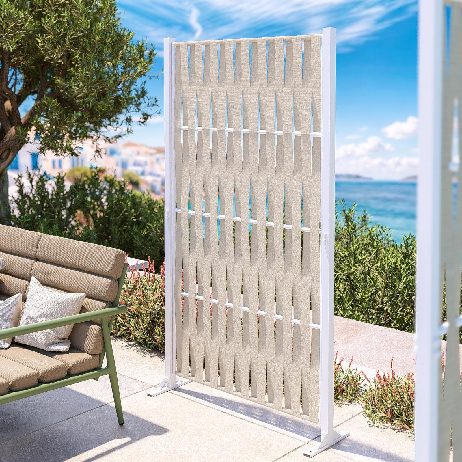 Separé da esterno 103x30x180h cm in acciaio bianco e corda in textilene vaniglia - Sibilla