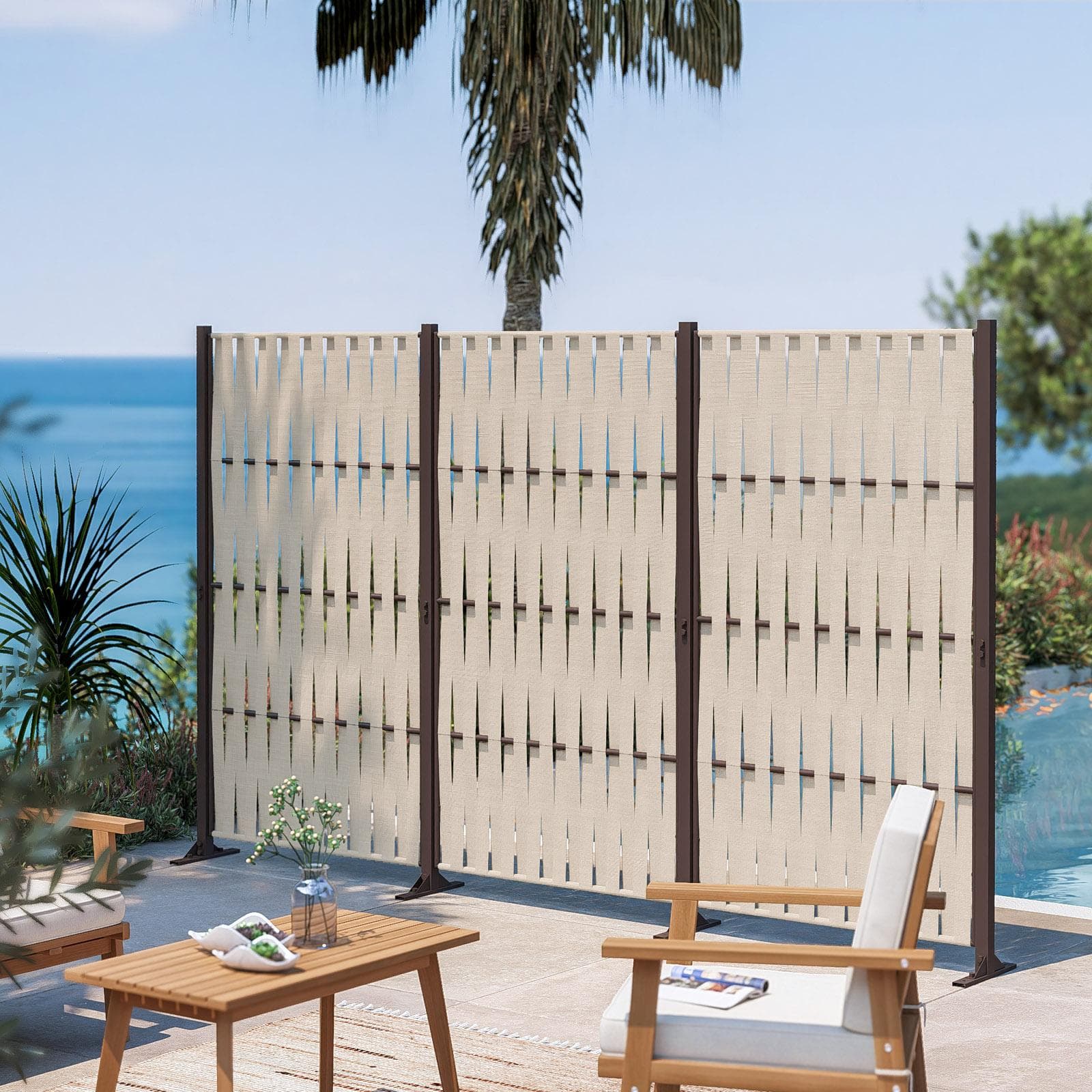 Separé da esterno triplo 302x30x180h cm in acciaio bronzo e corda in textilene vaniglia - Sibilla