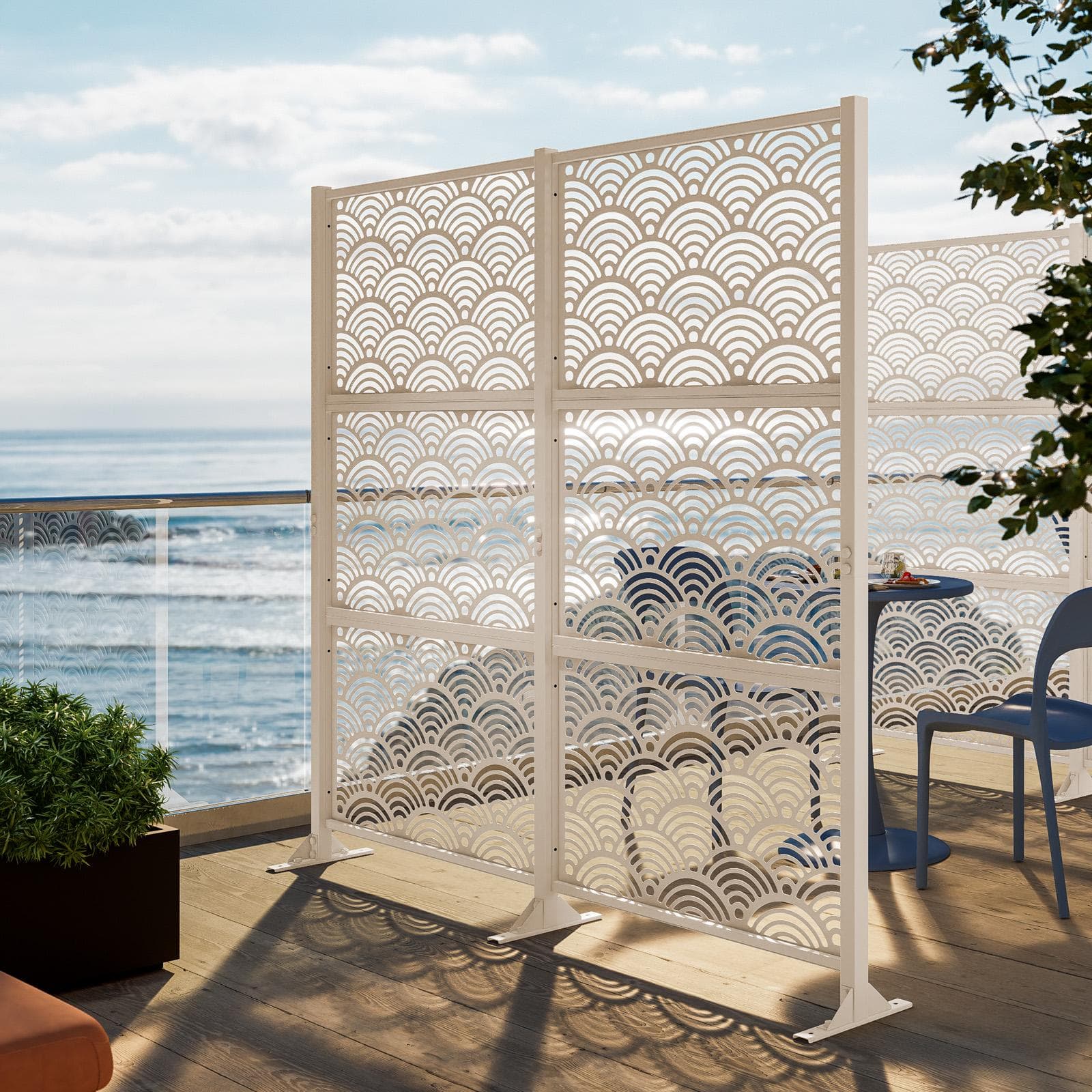 Separé doppio da giardino in acciaio vaniglia 200x30x180h cm con disegno onda giapponese - Callen