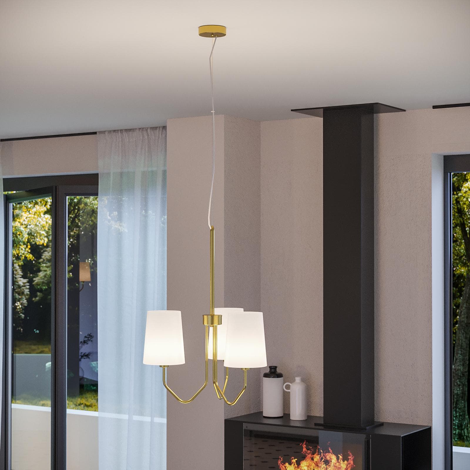 Set 2 applique e lampada sospesa rotonda 50 cm in metallo oro con paralume bianco
