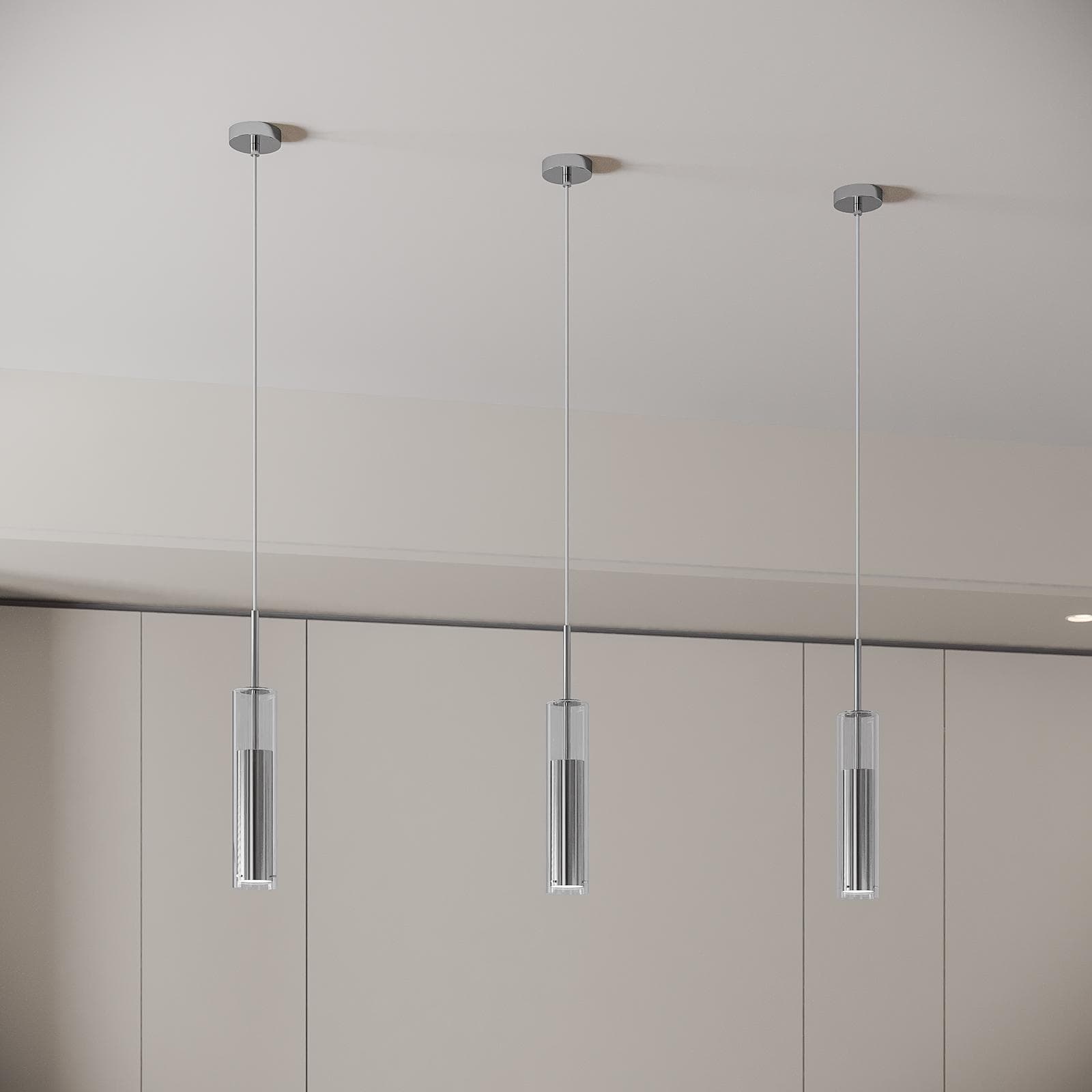 Set 3 lampade a sospensione 170h cm in vetro e metallo cromato