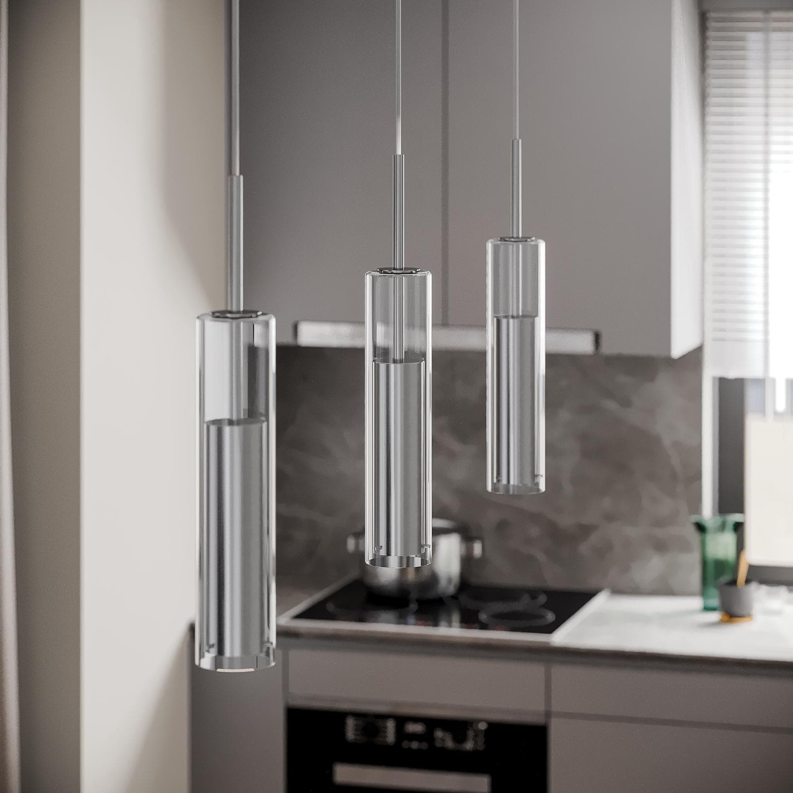 Set 3 lampade a sospensione 170h cm in vetro e metallo cromato