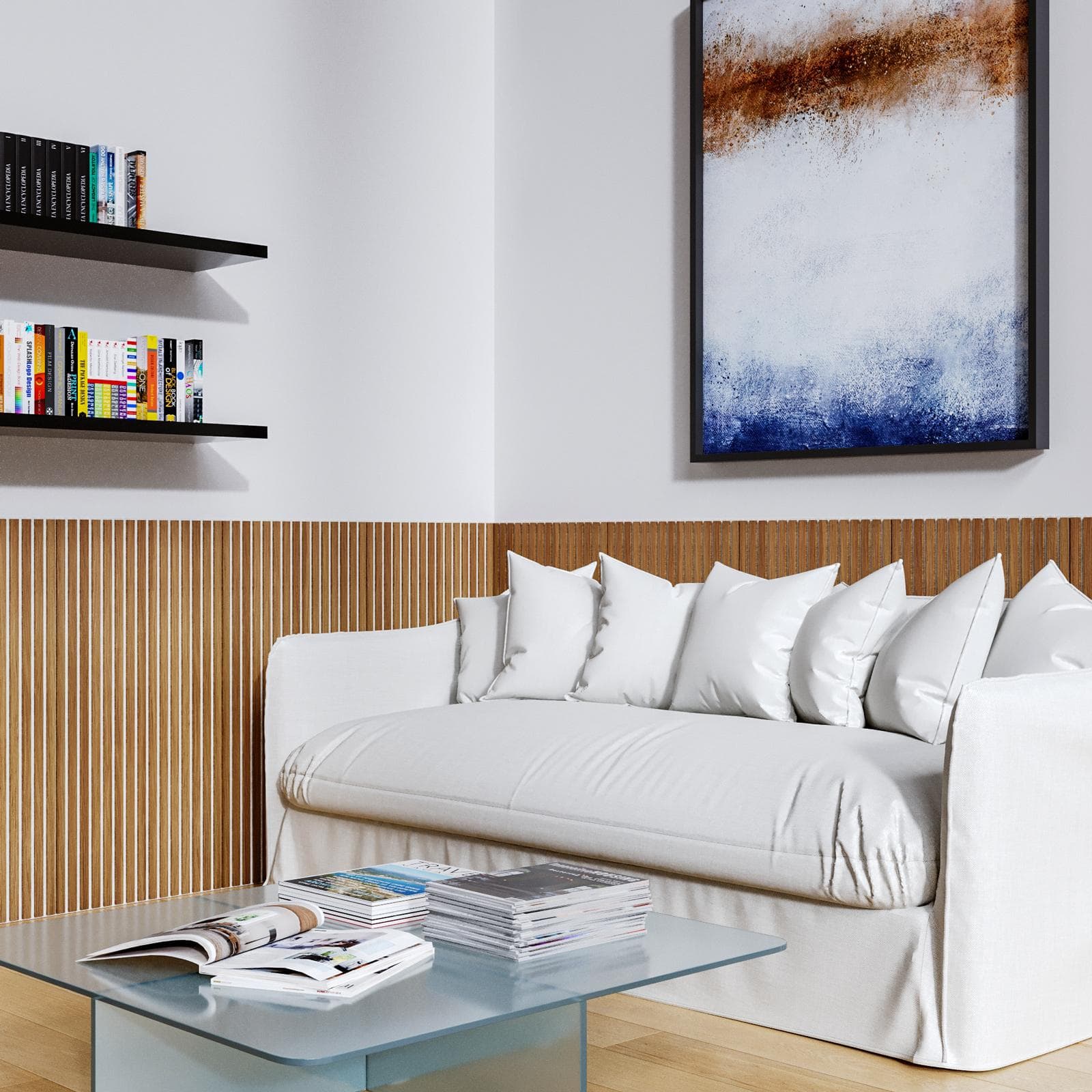 Set 2 pannelli fonoassorbenti boiserie 60x120h cm bianco con listelli rovere scuro - Bjorn