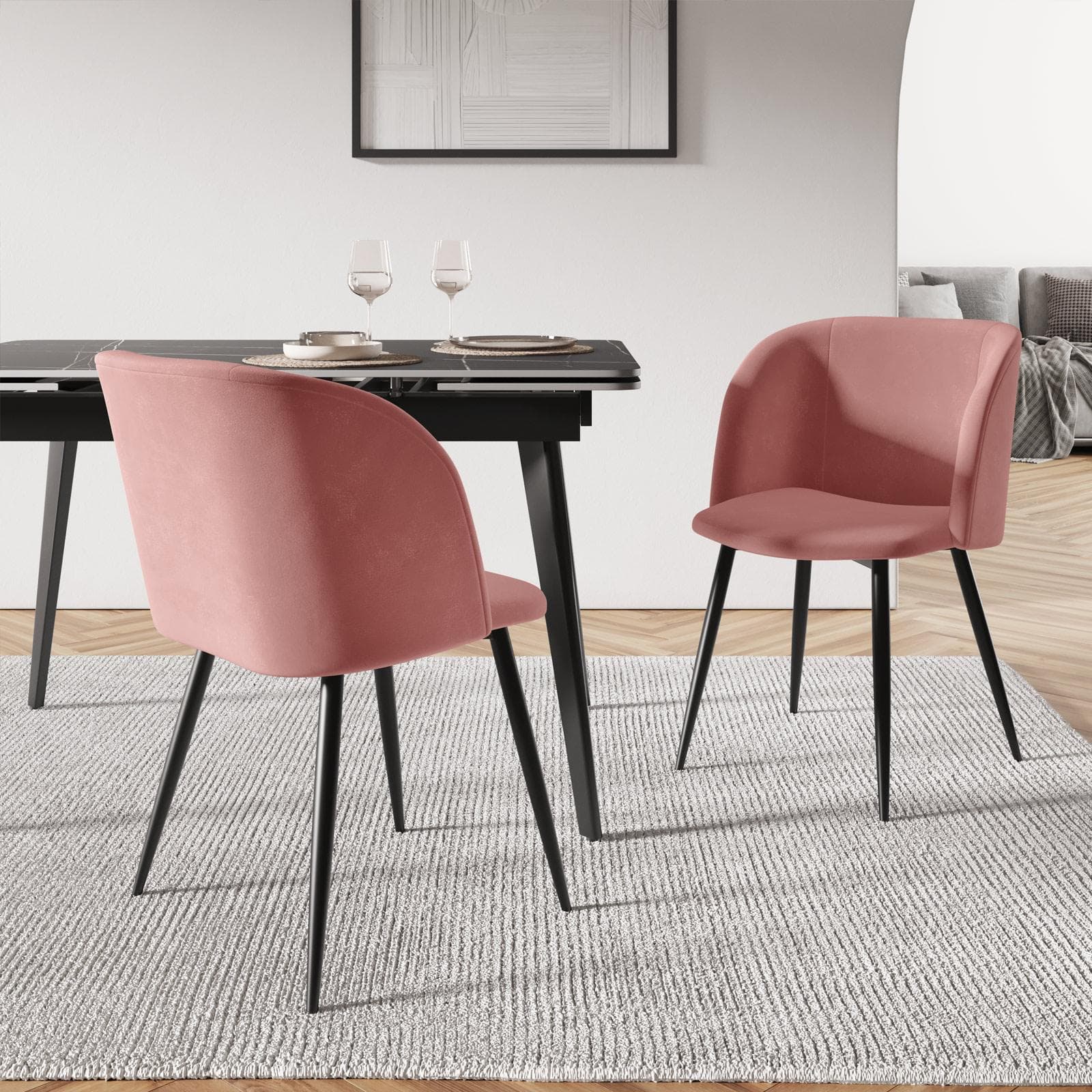 Set 2 sedie in velluto rosa antico con gambe in metallo nero - Mady