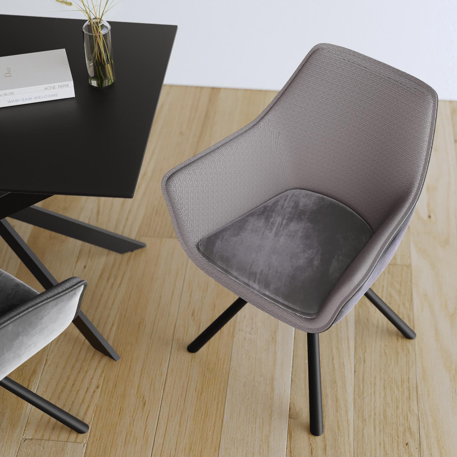 Set 2 poltrone in tessuto grigio chiaro con cuscino in velluto e gambe in metallo nero- Amarone