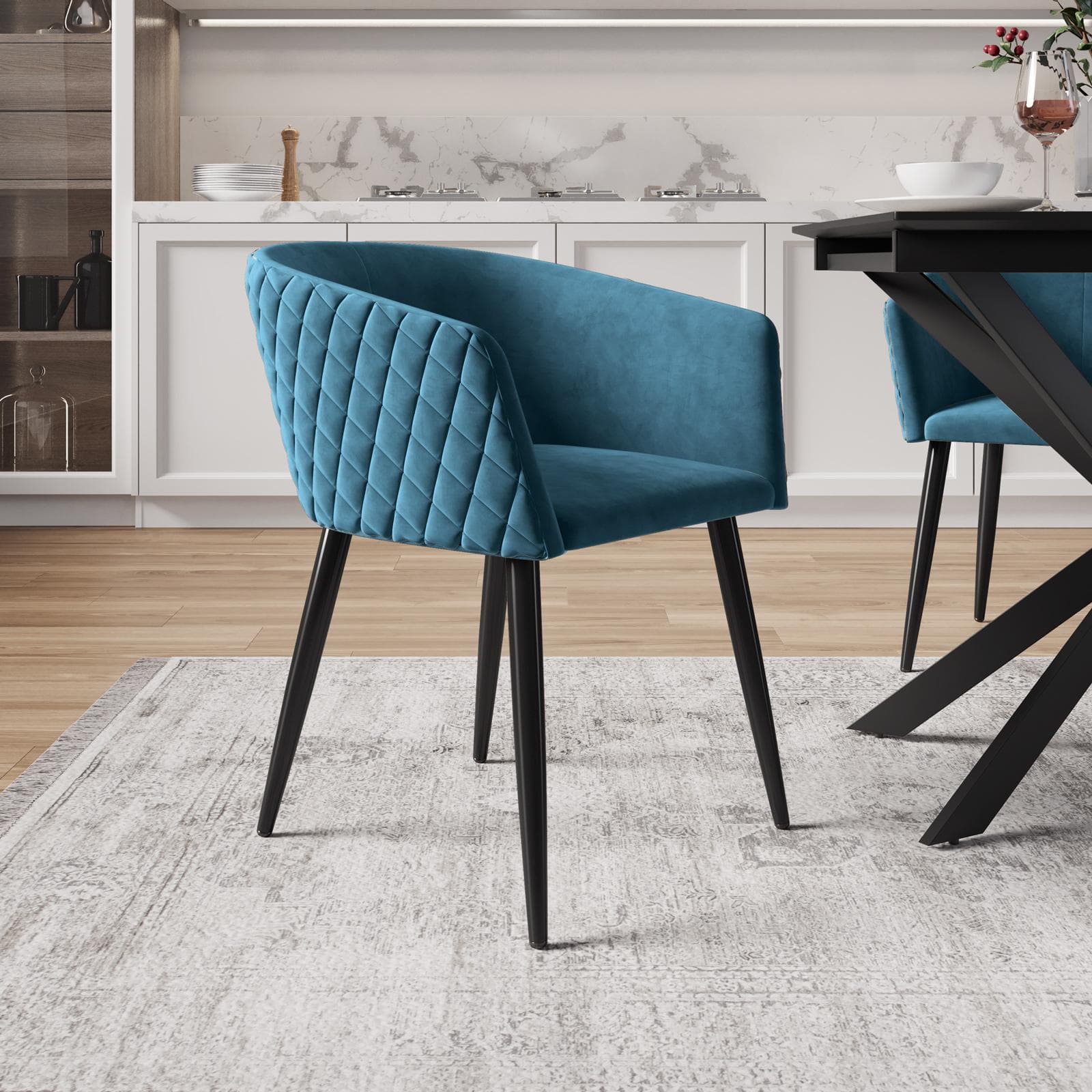 Set 2 poltrone in velluto blu petrolio struttura in metallo nero - Jannet