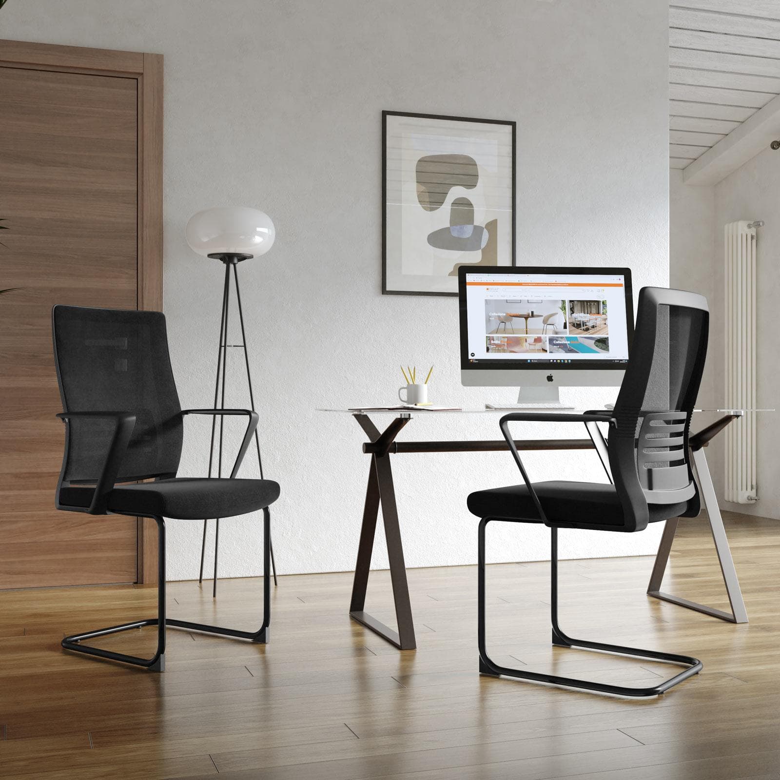 Set 2 sedie da ufficio in tessuto mesh nero con gambe in metallo nero - Narinder