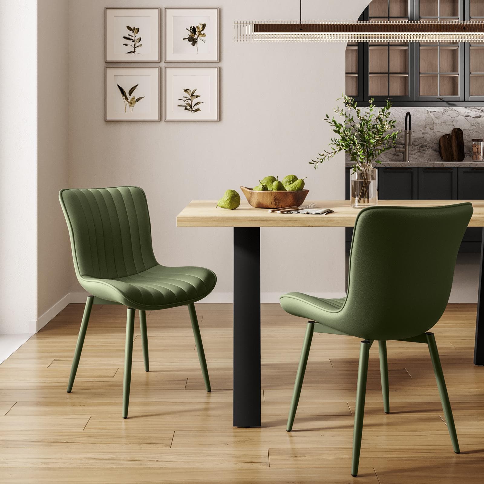 Set 2 sedie in similpelle trapuntata a strisce verde uliveto con gambe in metallo - Zigolo