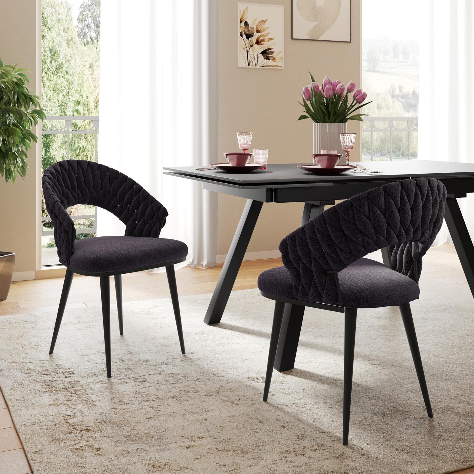 Set 2 sedie in tessuto ciniglia grigio scuro con gambe in metallo nero - Sayge
