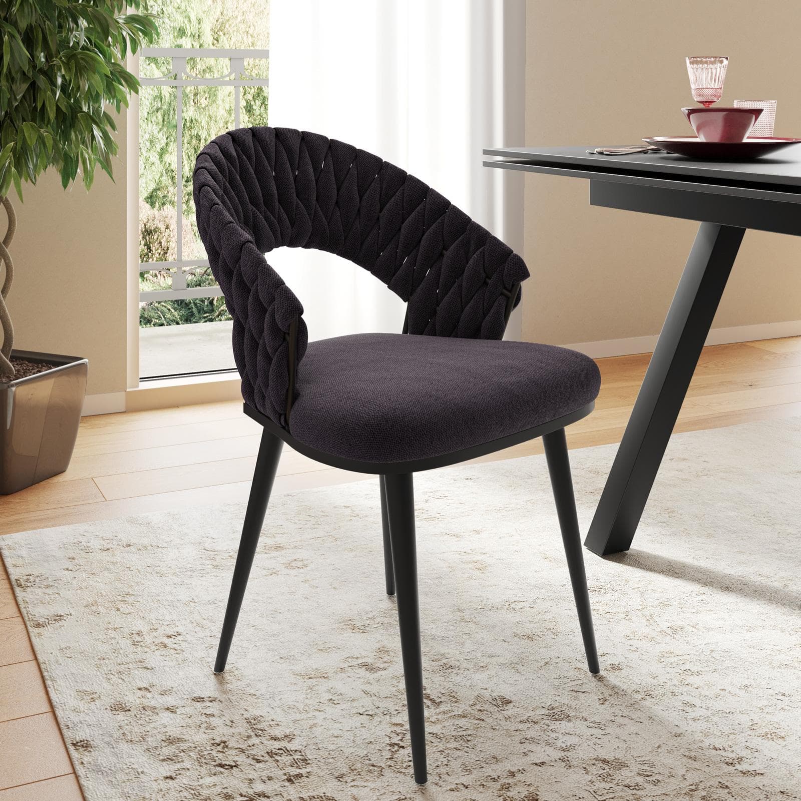 Set 2 sedie in tessuto ciniglia grigio scuro con gambe in metallo nero - Sayge