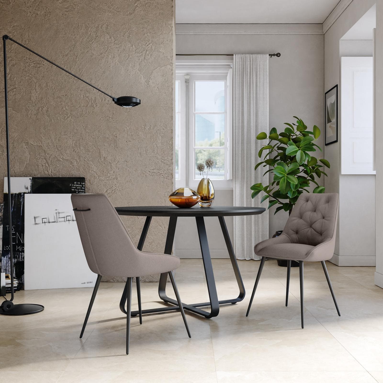 Set 2 sedie in tessuto grigio con gambe in metallo nero e maniglia posteriore - Fraser