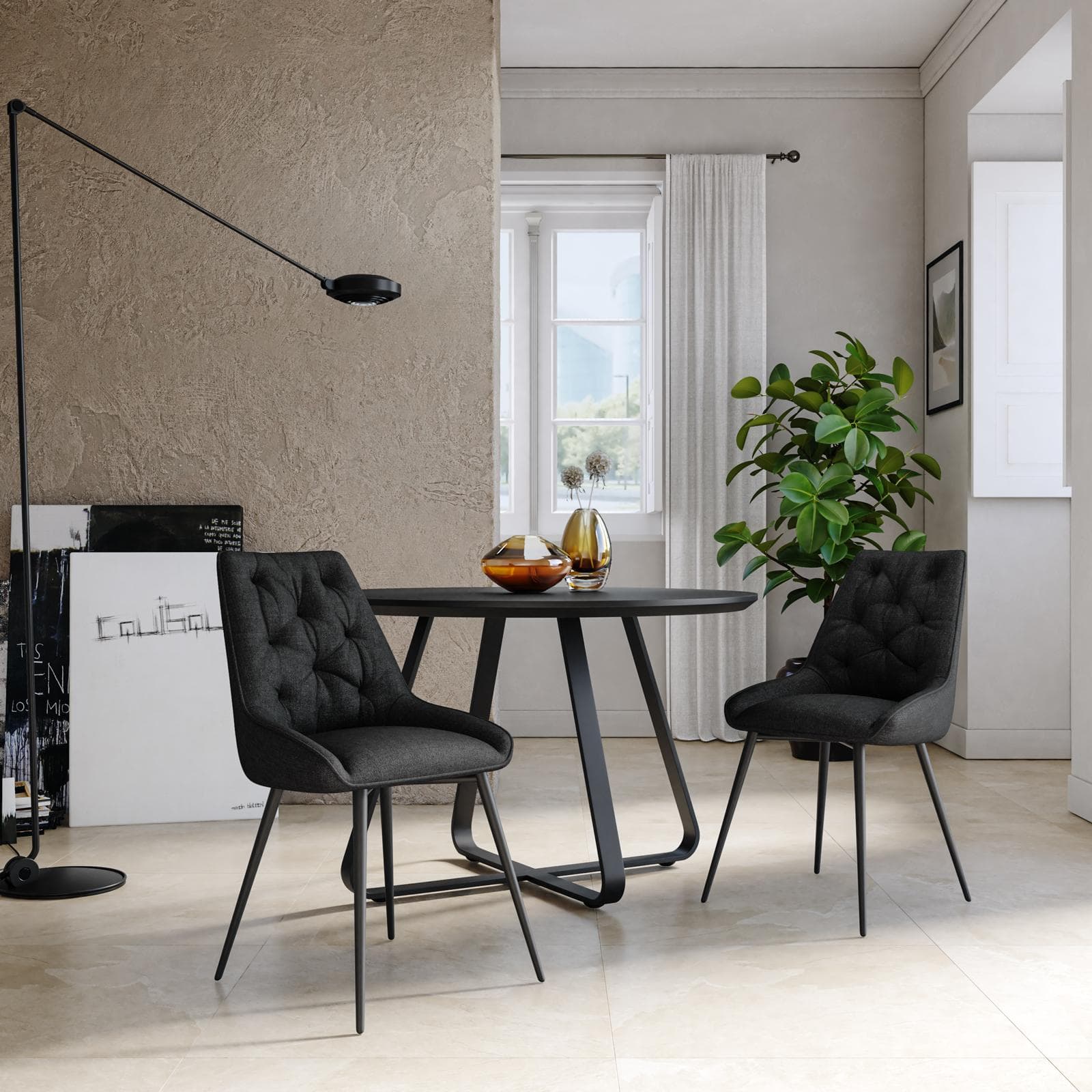 Set 2 sedie in tessuto nero con gambe in metallo e maniglia posteriore - Fraser