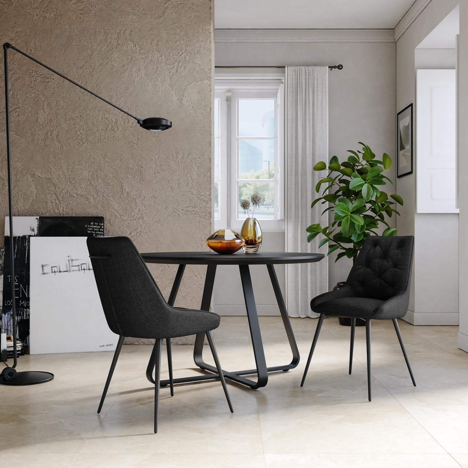 Set 2 sedie in tessuto nero con gambe in metallo e maniglia posteriore - Fraser