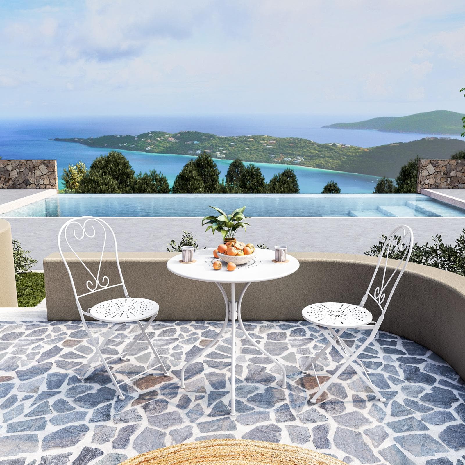 Set bistrot tavolo rotondo 70 cm e 2 sedie pieghevoli in metallo bianco - Loren