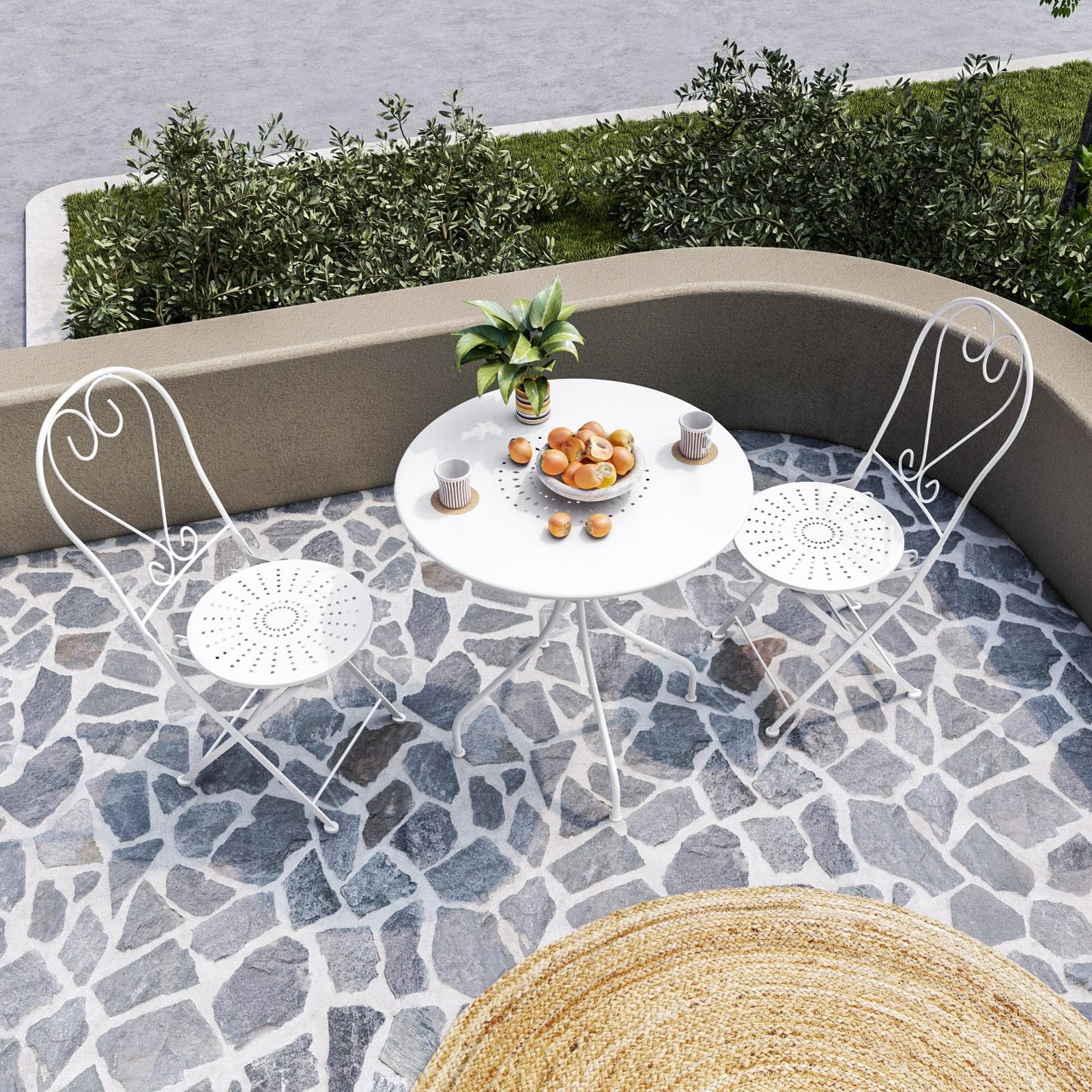 Set bistrot tavolo rotondo 70 cm e 2 sedie pieghevoli in metallo bianco - Loren