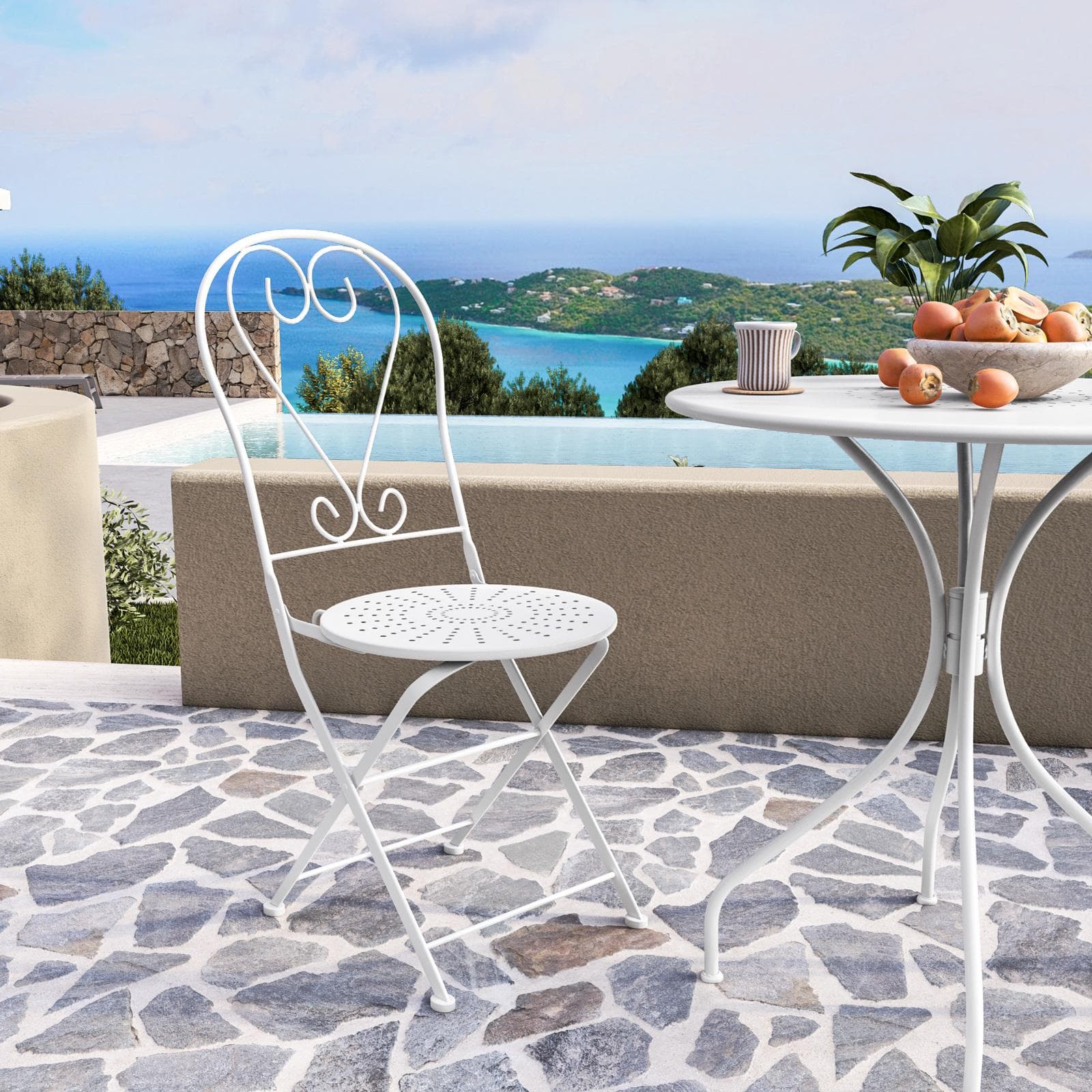 Set bistrot tavolo rotondo 70 cm e 2 sedie pieghevoli in metallo bianco - Loren