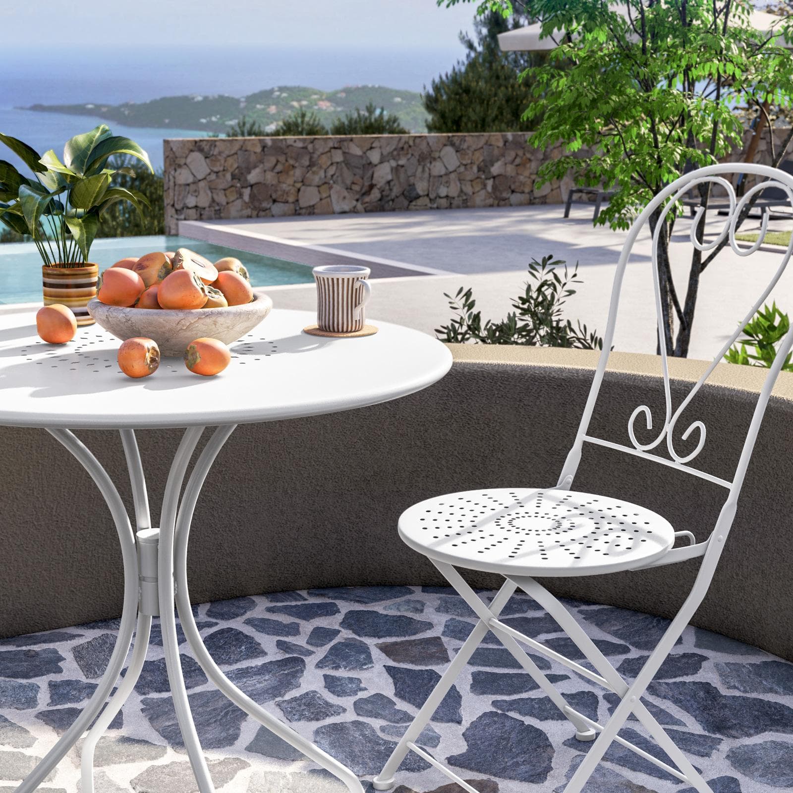 Set bistrot tavolo rotondo 70 cm e 2 sedie pieghevoli in metallo bianco - Loren