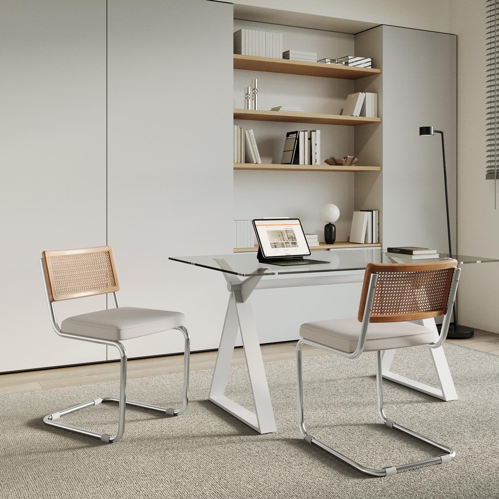 Set 2 sedie ufficio in similpelle grigio ghiaccio con schienale in paglia - Crafty