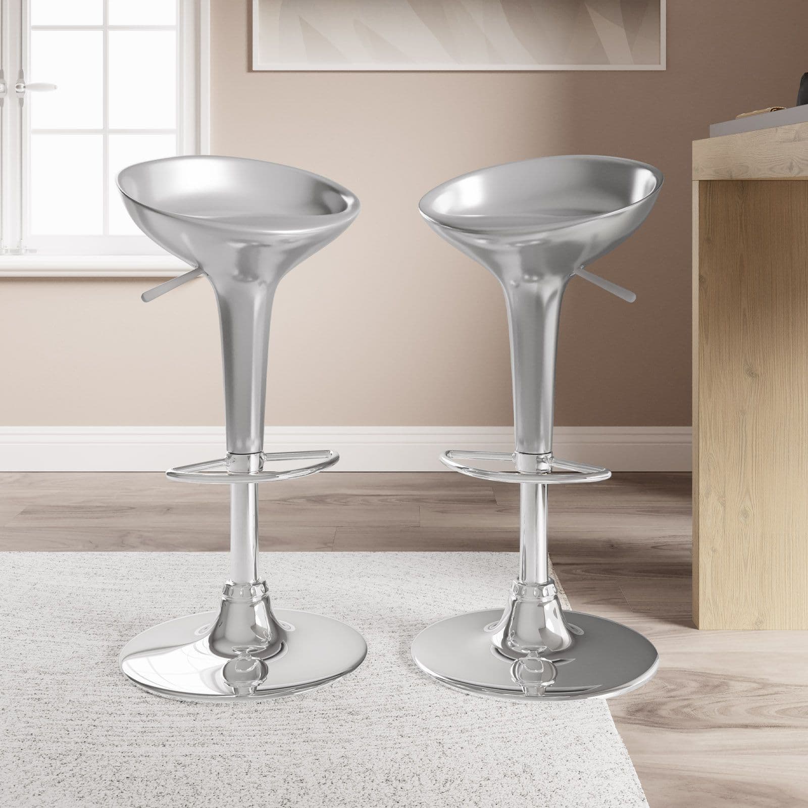 Set 2 sgabelli argento con poggiapiedi e base cromata - Cocorito