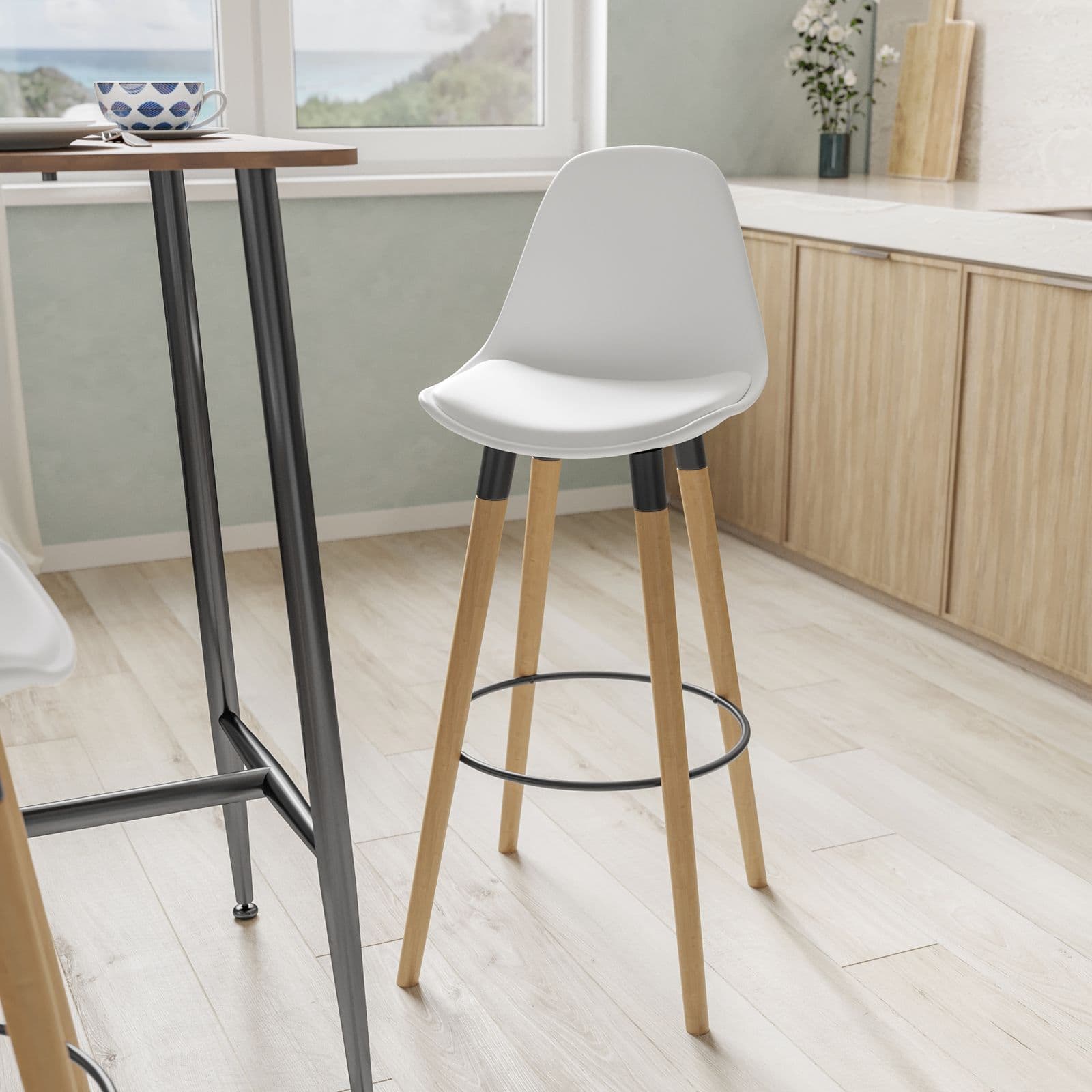 Set 2 sgabelli con seduta in polipropilene bianco con gambe in legno e cuscino - Polar