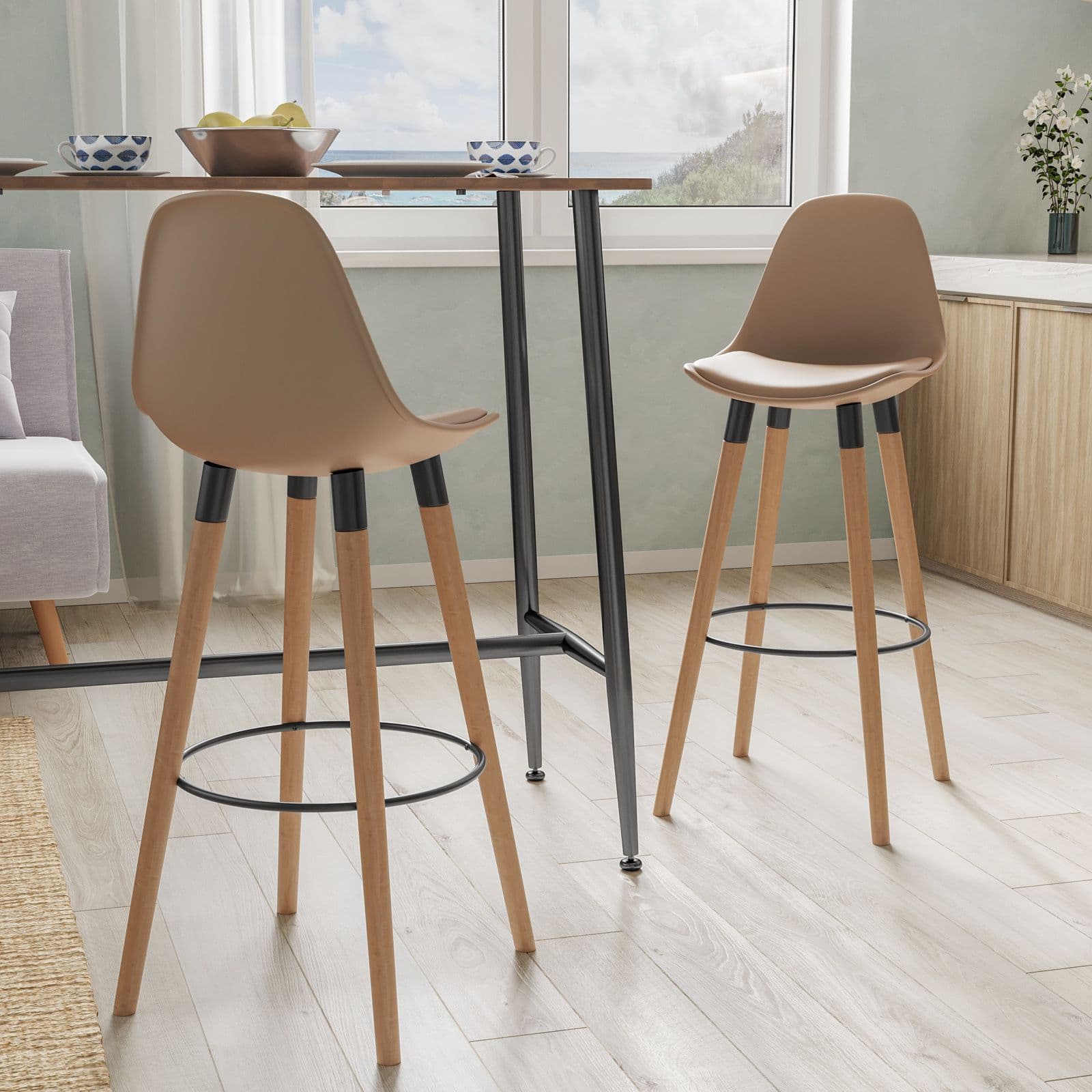 Set 2 sgabelli con seduta in polipropilene cappuccino con gambe in legno e cuscino - Polar