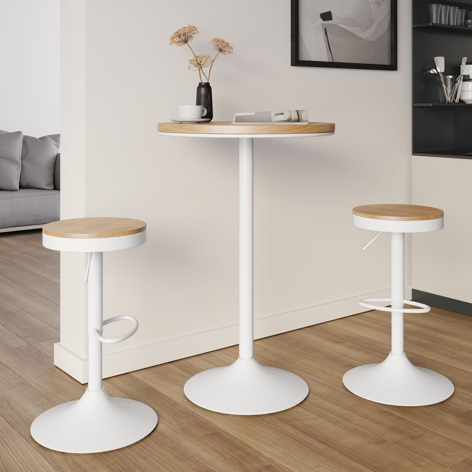 Set 2 sgabelli con poggiapiedi in metallo bianco e seduta in legno - Dynamo