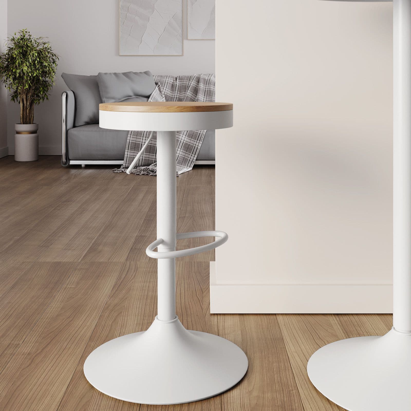 Set 2 sgabelli con poggiapiedi in metallo bianco e seduta in legno - Dynamo