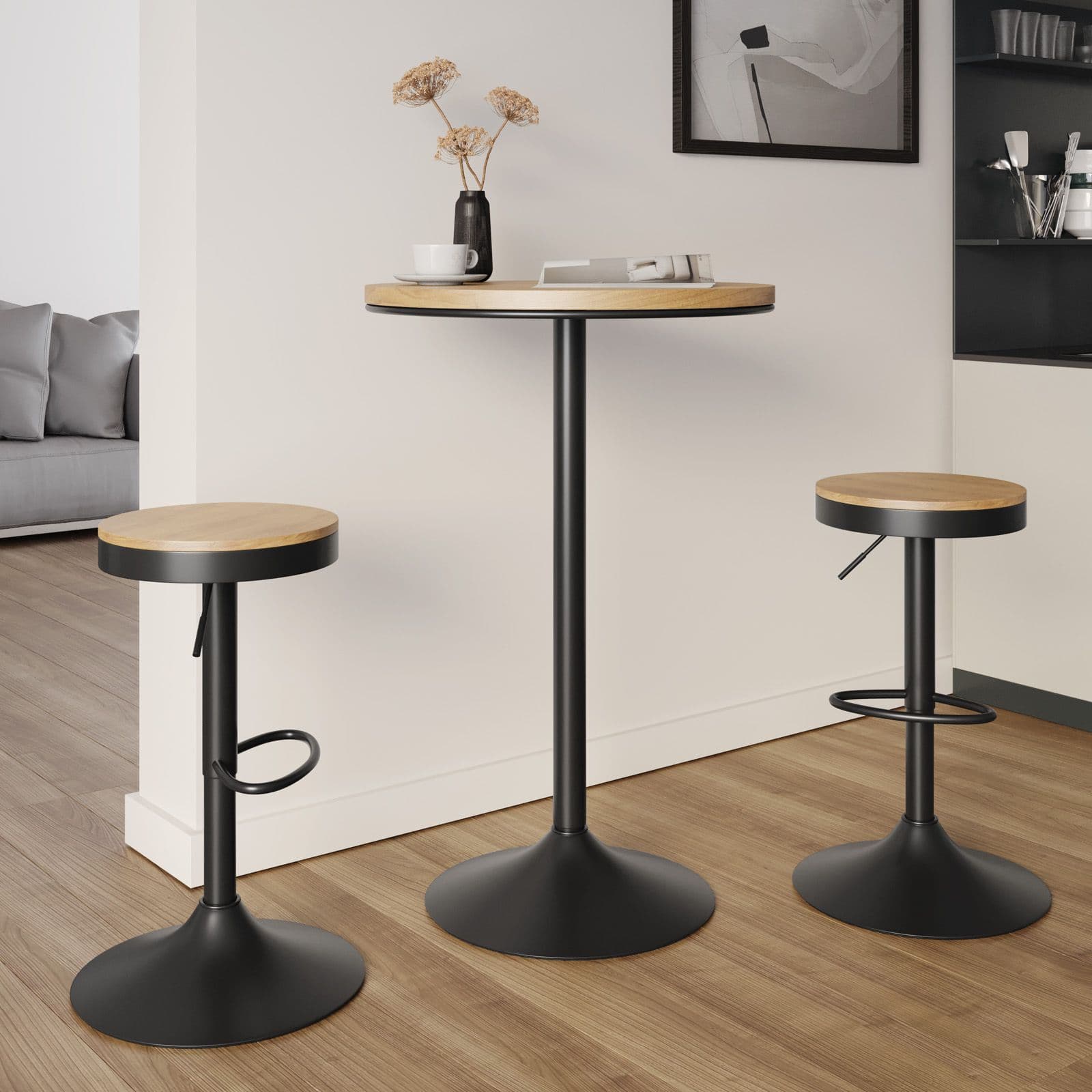 Set 2 sgabelli con poggiapiedi in metallo nero e seduta in legno - Dynamo