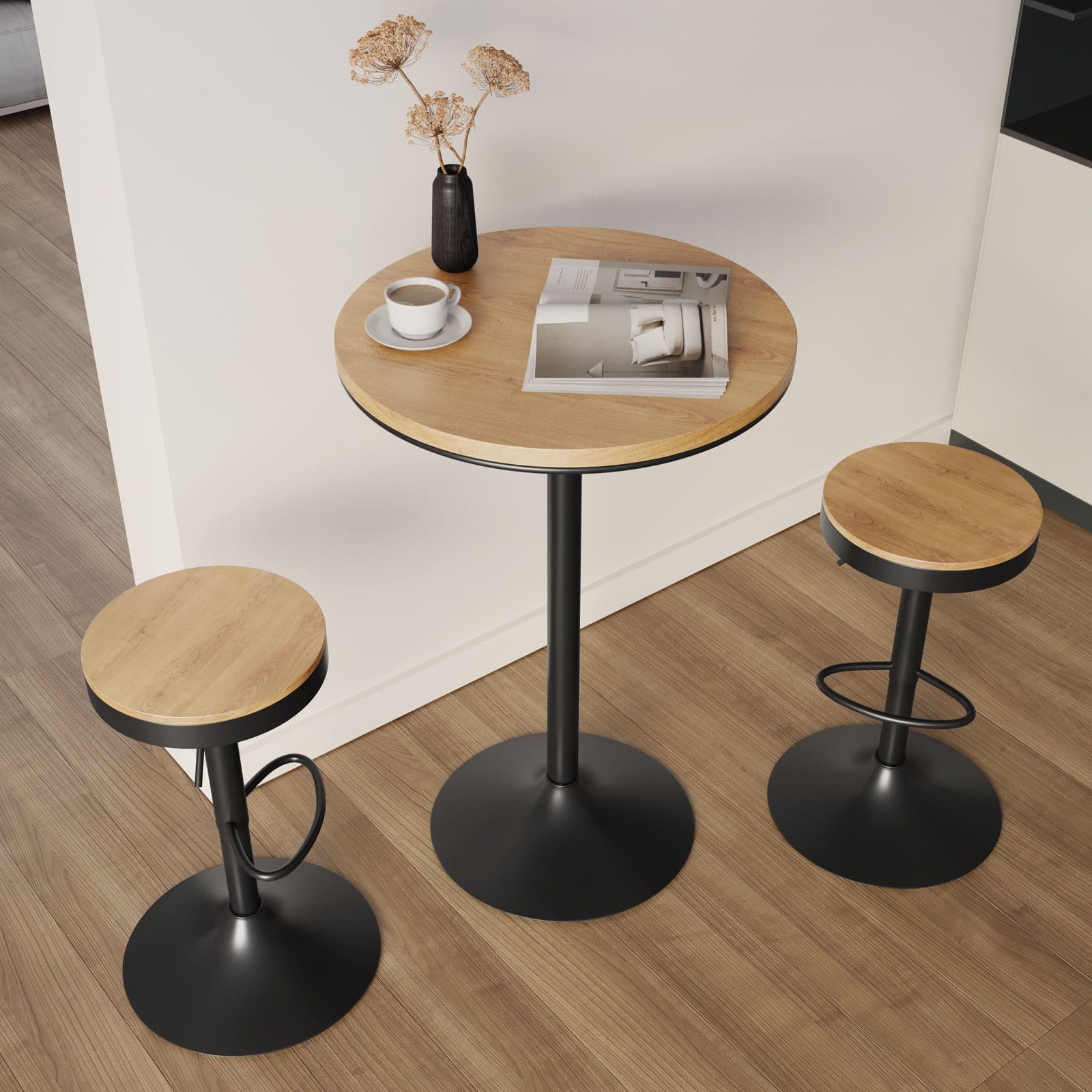 Set 2 sgabelli con poggiapiedi in metallo nero e seduta in legno - Dynamo